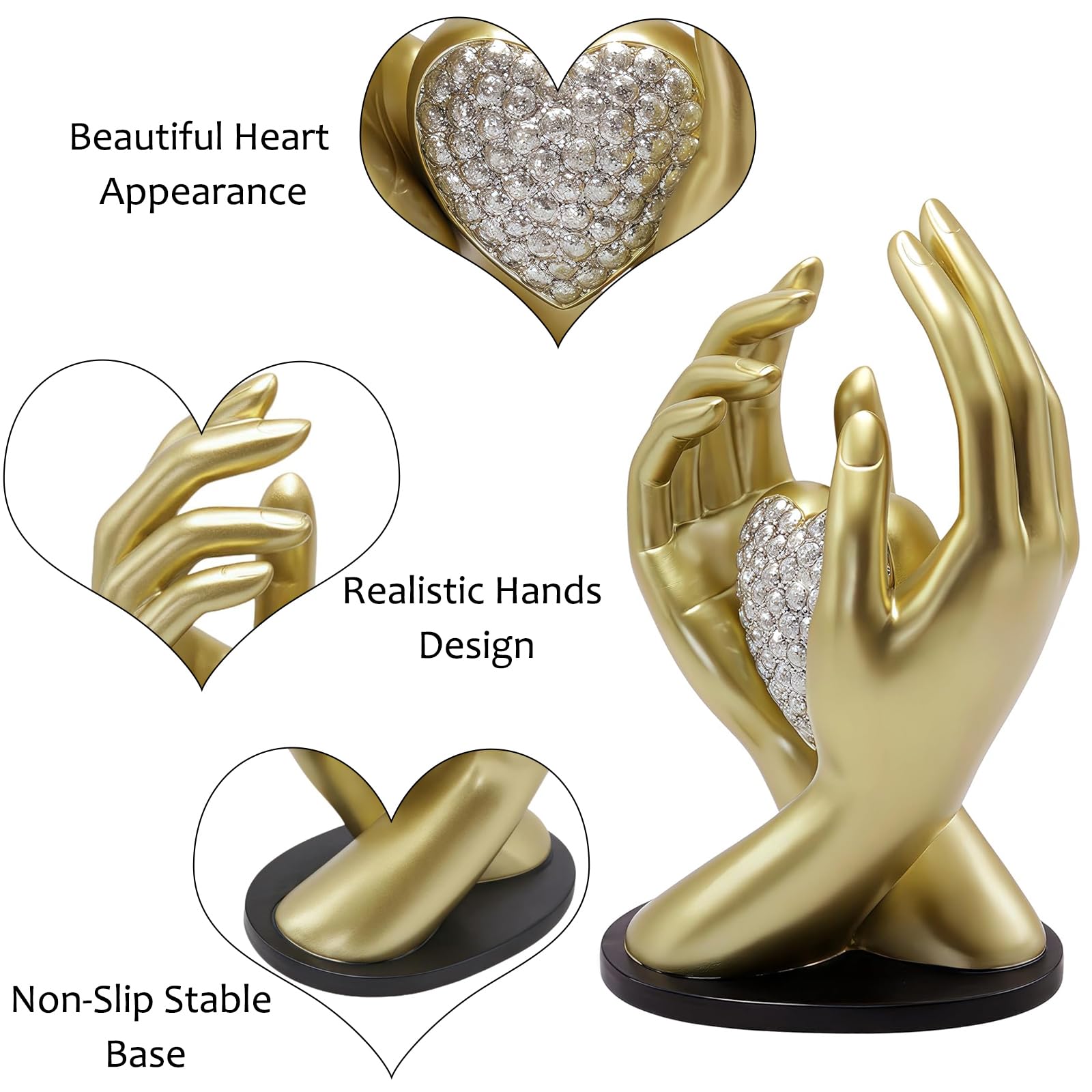 Decoración de mano dorada, sosteniendo una estatua de corazón, decoración de habitación, escultura de mano de corazón, perfecta para decoración de boda y como ambas manos sosteniendo un