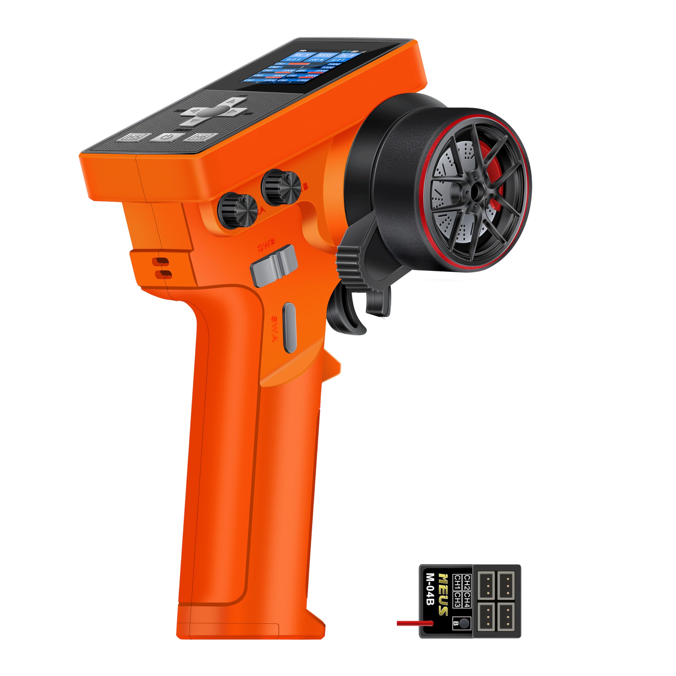 meus racing me-8b rc transmitter 6 channels 2.4ghz and receiver for 1/8 1/10 1/18 1/24 1/30 rc crawler car boat trx4 trx4m scx10 scx24 scx30 upgrades parts (with 04b receiver, orange)