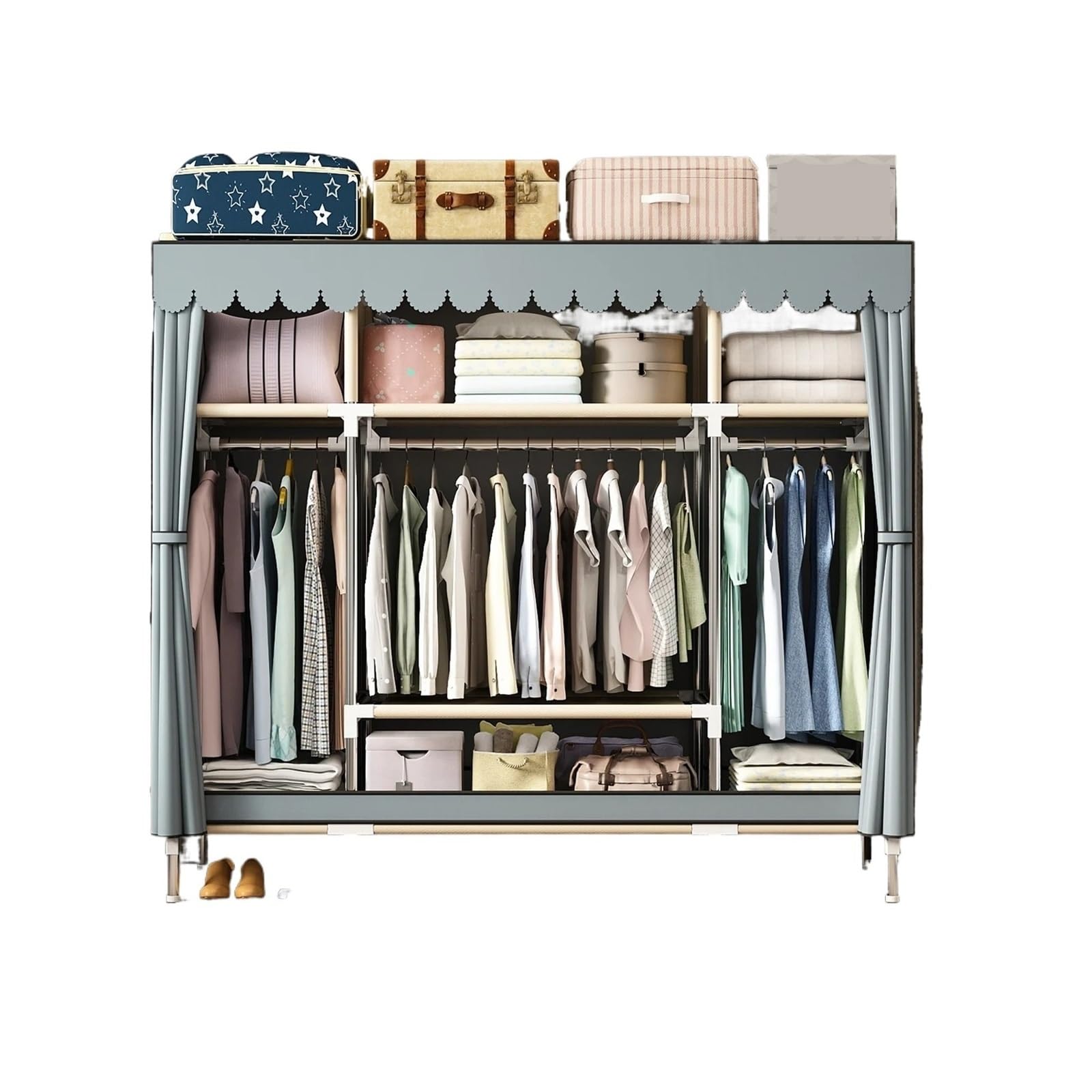 Qauucp Grey Canvas Wardrobe Non-Woven Wardrobe Portable Clothes Closet Fabric Wardrobe Sturdy Waterproof Double Rod Storage Organizer
