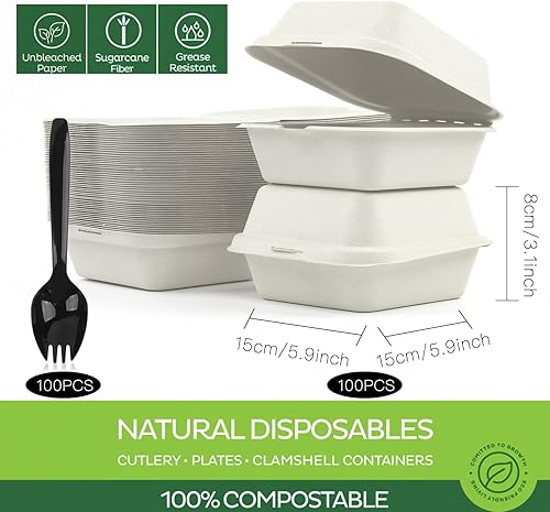 Miniatura 7 de Clamshell - Recipientes de alimentos, paquete de 100 recipientes con bisagras, caja de comida desechable de bagazo para llevar, caja de hamburguesas