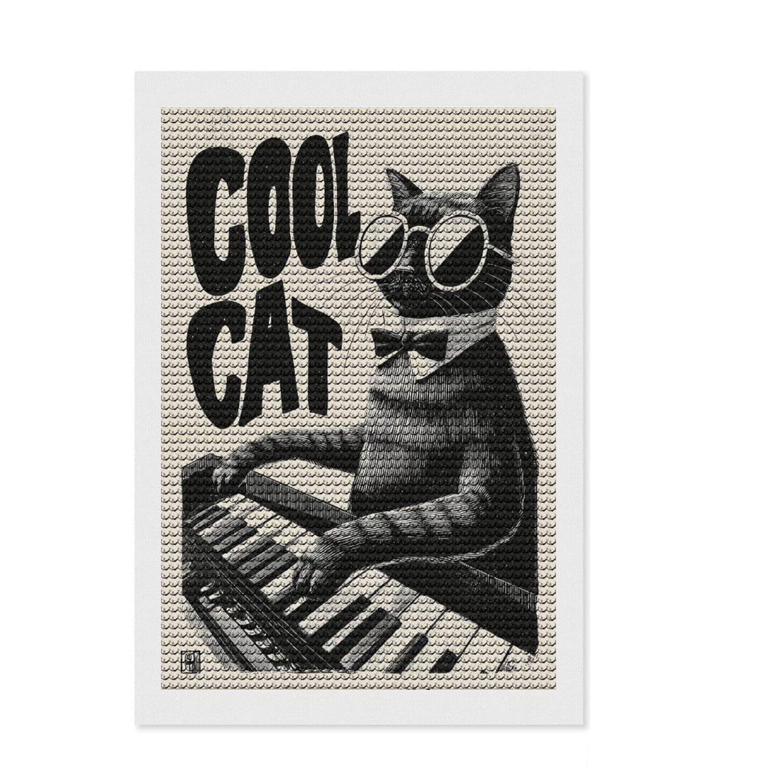 Junmoney Jazz Cat Diamond Painting Kit 8"x12", Easy Handmade Project, Complete Accessories, Vintage Style Decor, for Teens