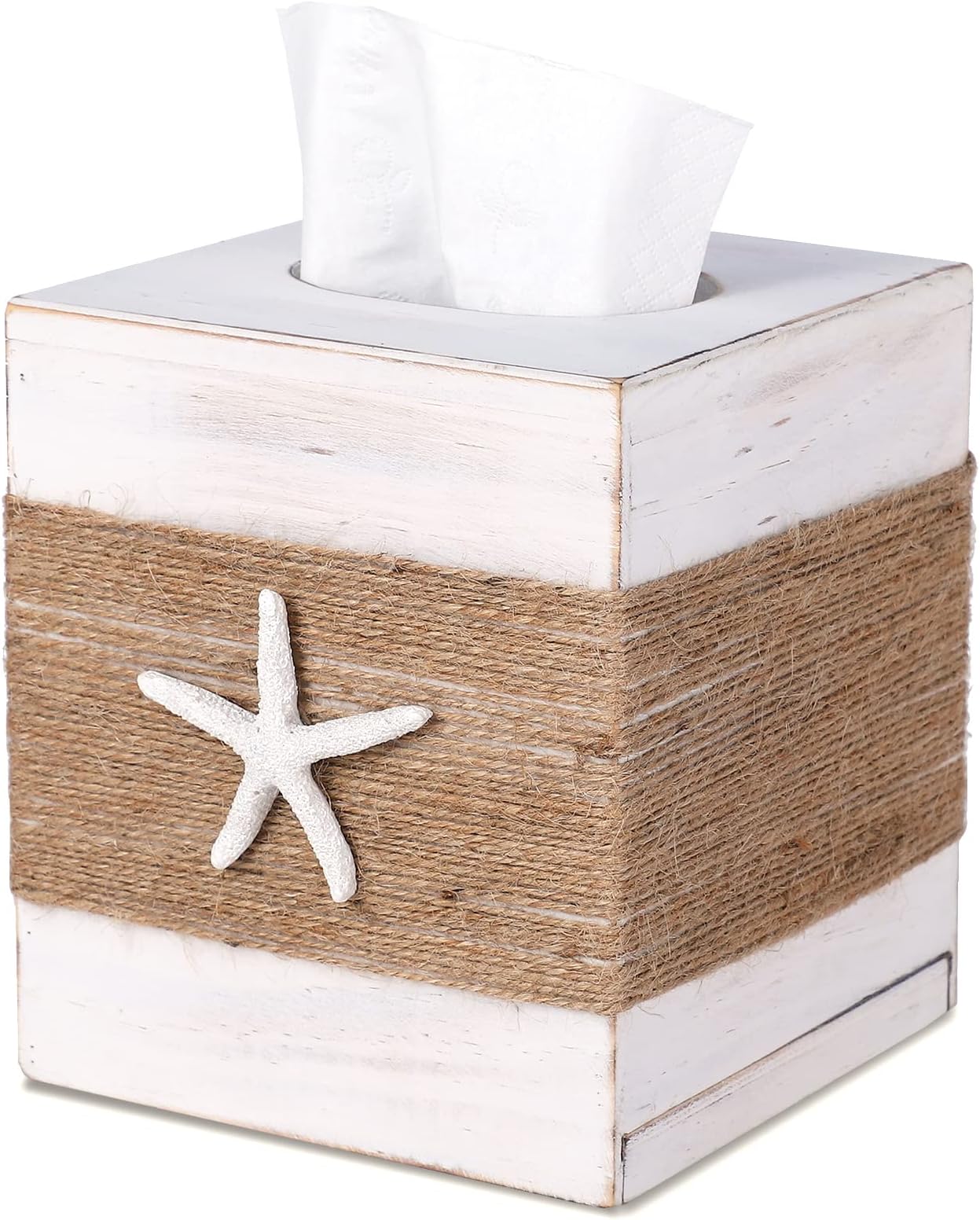 Beach Rustic White Wood Square Tissue Box Cover,Farmhouse Bathroom Accessories Starfish Decor Tissue Holder with Slide-Out Bottom Panel…