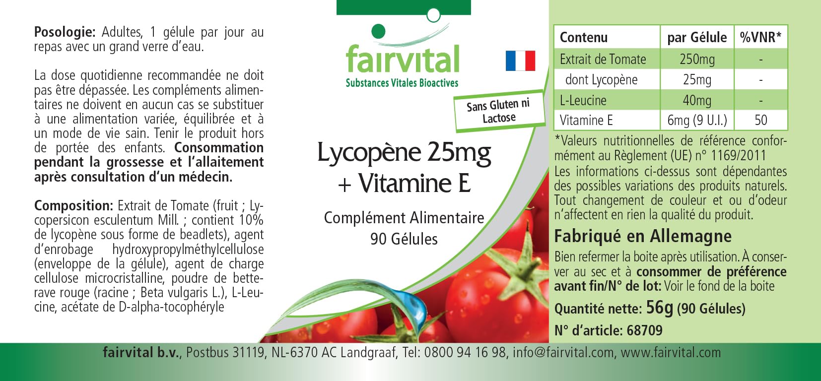fairvital Capsules de lycopène avec vitamine E, 90 capsules, faciles à avaler, 25mg de lycopène, VÉGÉTALIENNES, micro-encapsulées