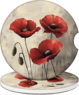 Red Poppy Flower Cup Holder Car Coasters, Vintage Floral Absorbent Ceramic Car Coasters for Cup Holders, Car Accessories for Women Men (2 Pack)