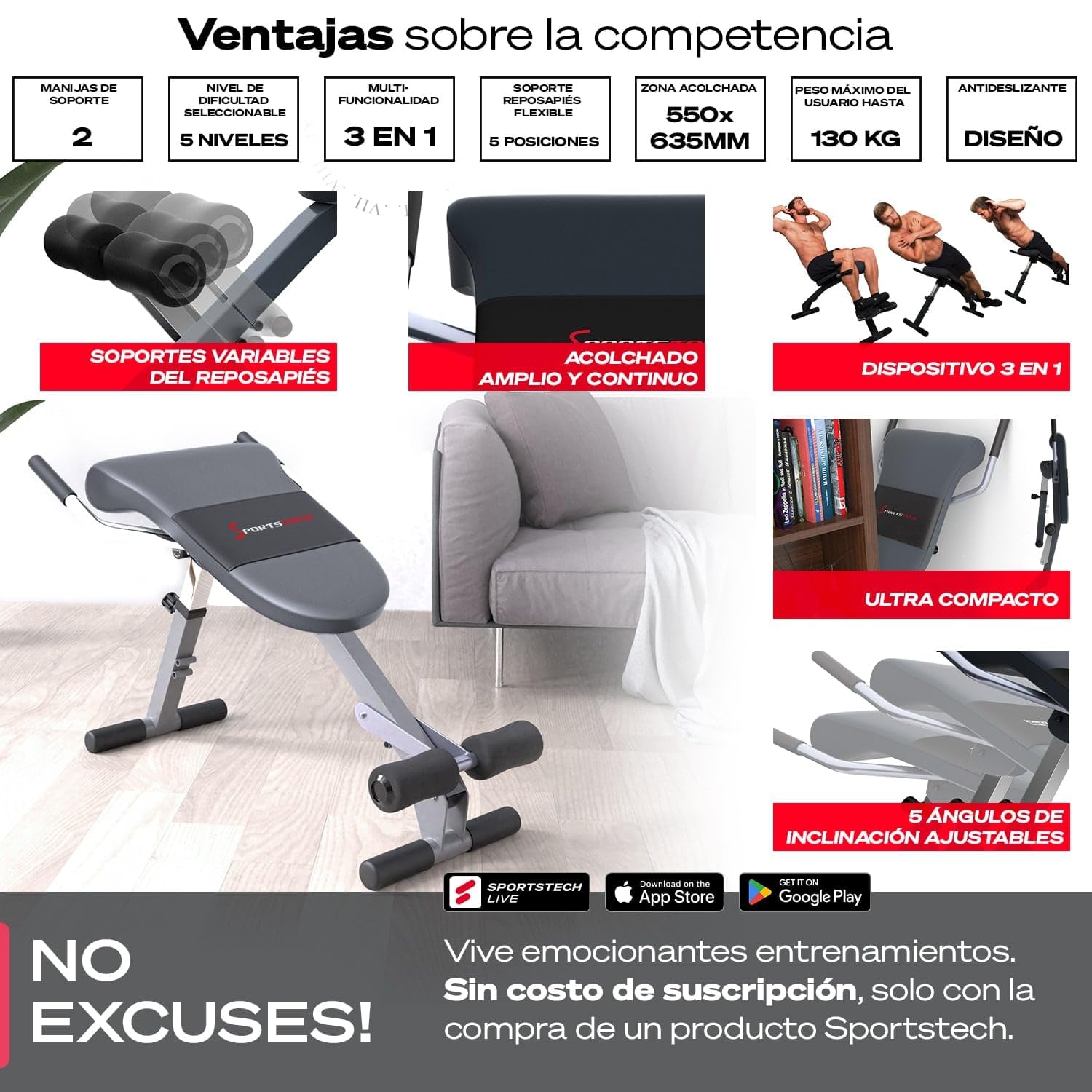 SPORTSTECH BRT200 Entrenador de Espalda y Abdomen 3en1 Patentado propio con innovador diseño antideslizante; Plegable; Multifuncional con acolchado ergonómico; Plegado fácil.