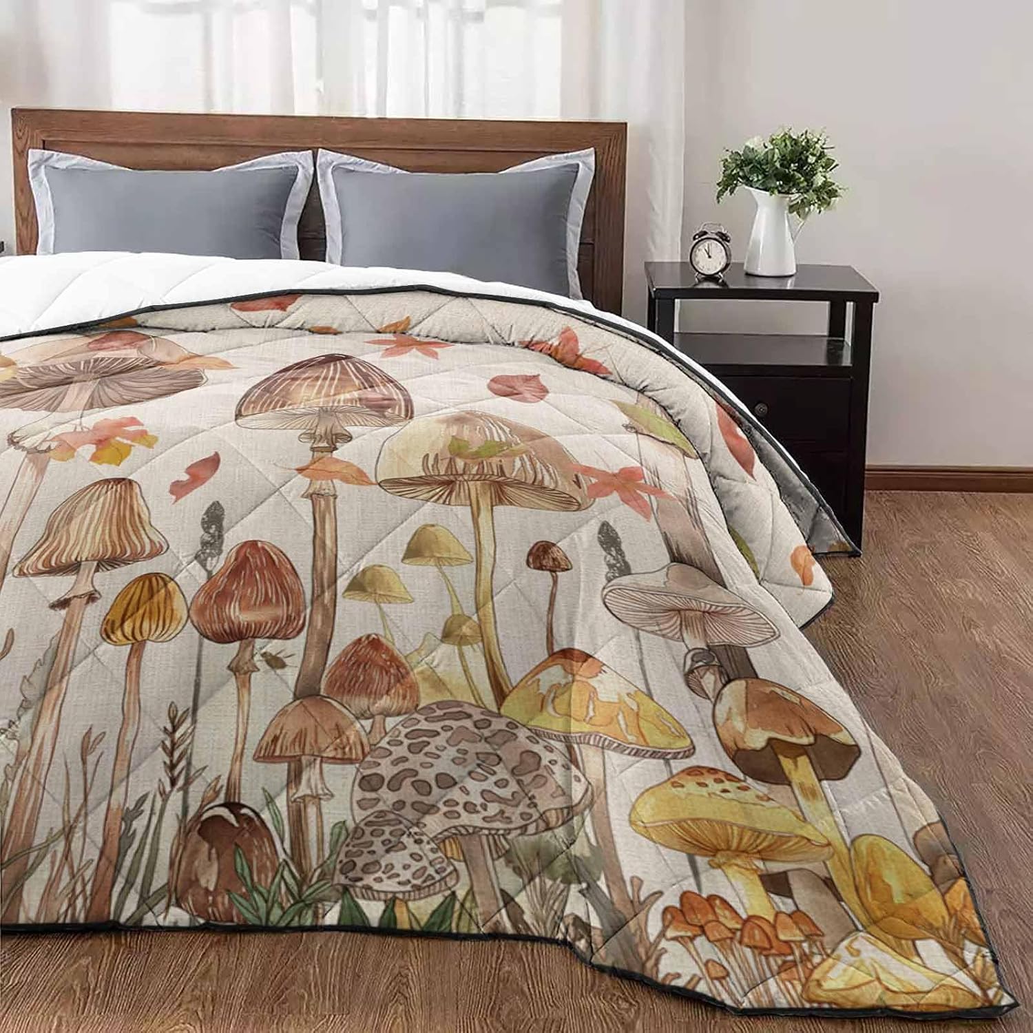 T&H XHome Quilt Queen Size Luxury Quilted Comforter Bedspread-Thin Soft Cozy, Autumn Vintage Watercolor Mushroom Leaves Linen Reversible Stitched Lightweight Quilt Coverlet for All Season