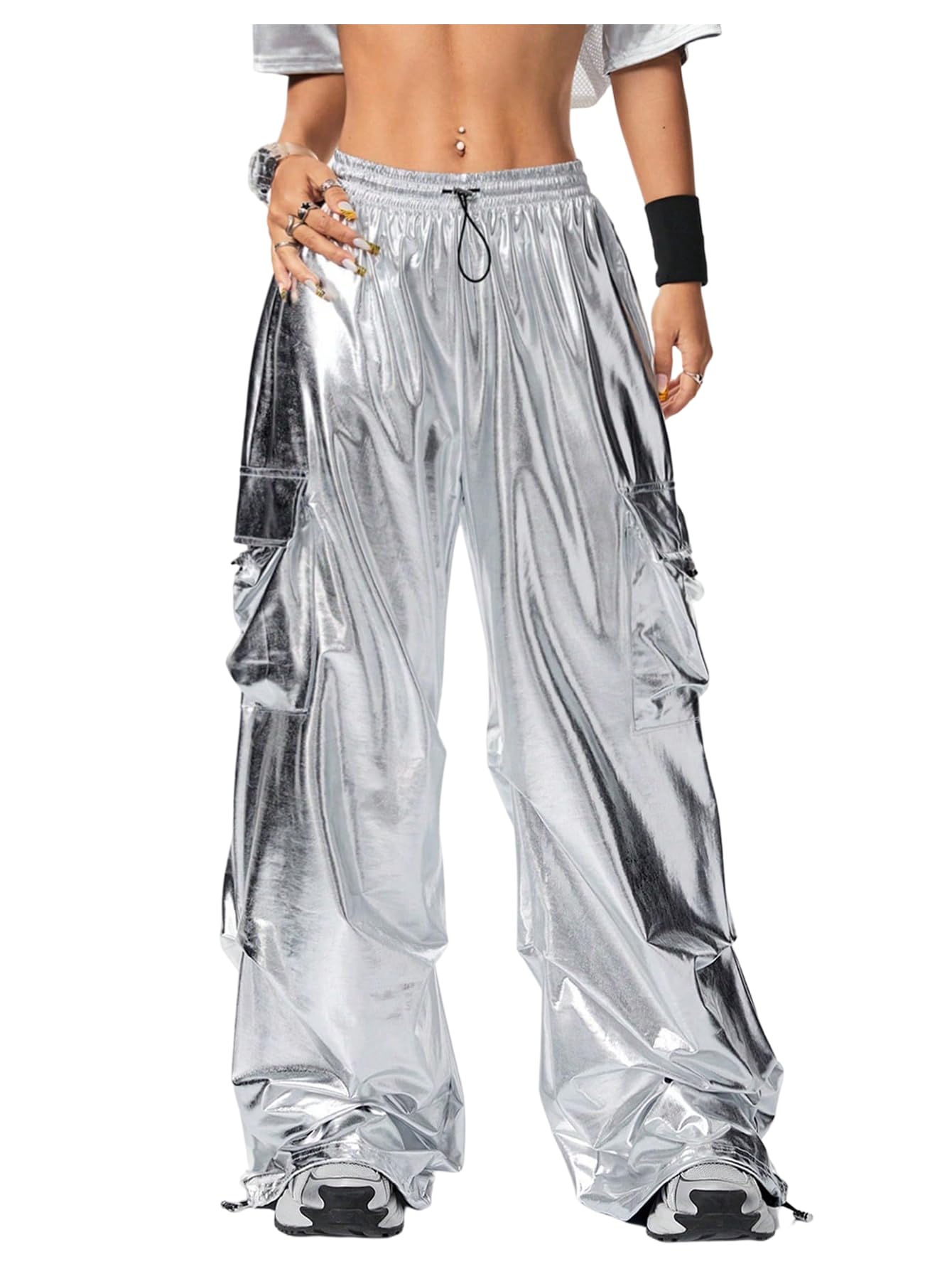 OYOANGLE Womens Metallic Drawstring High Waisted Y2K Cargo Pants Wide Leg Trousers Rave Joggers Streetwear