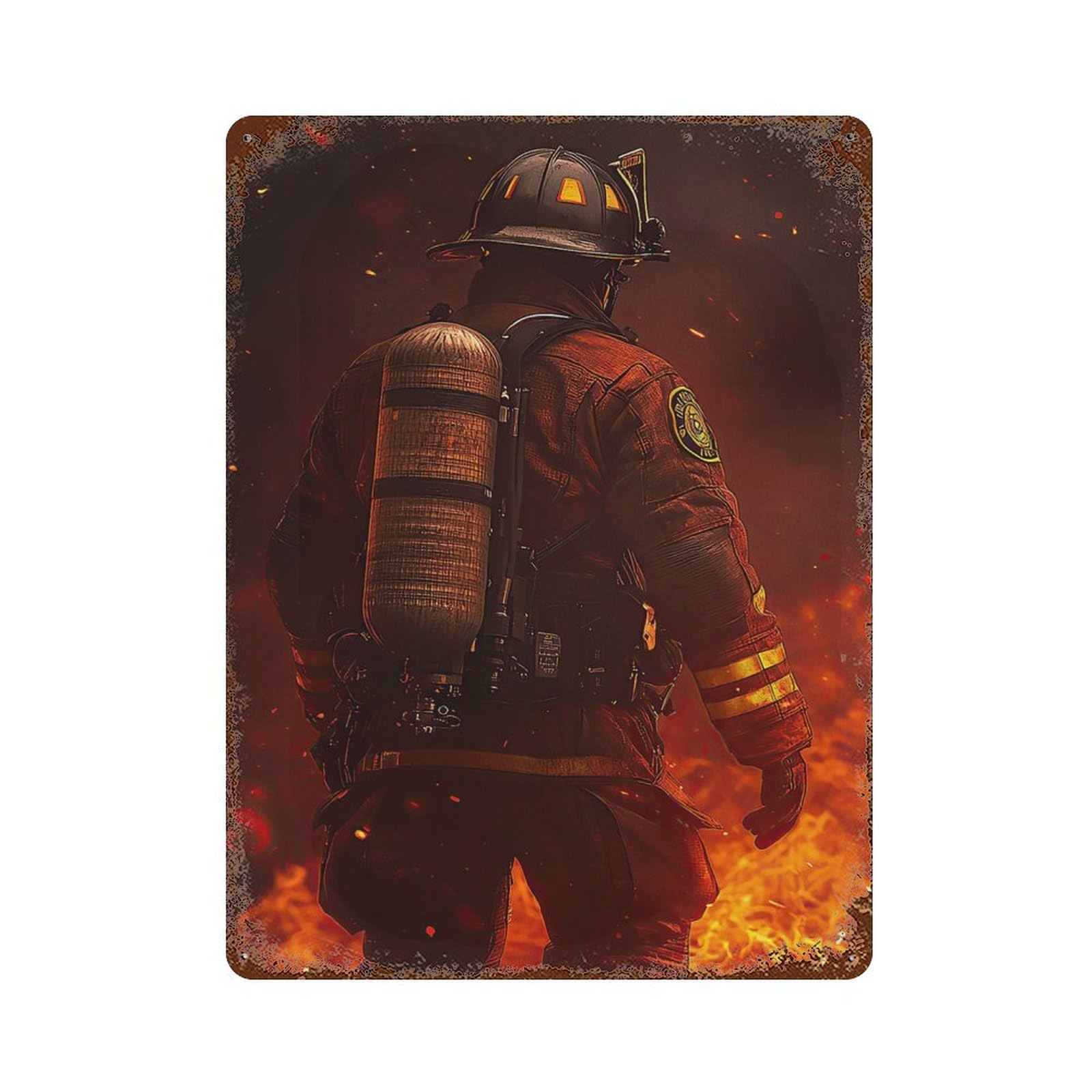Rust Effect Firefighter in Flames Rusty Metal Tin Sign 15.7"x11.8", Old School Wall Decor for Basement, Hobby Room And Garage Decor