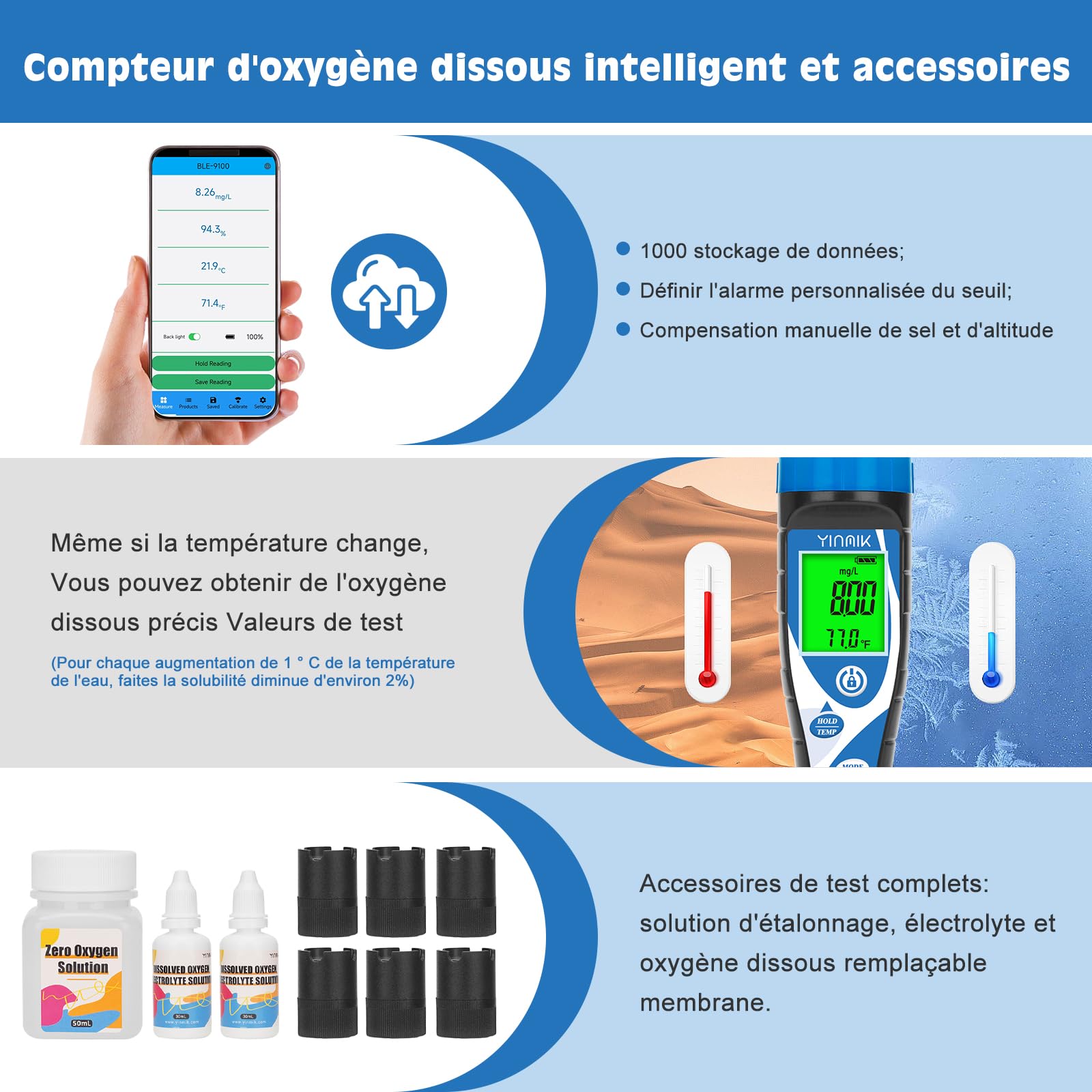 YINMIK Compteur D'oxygène Dissous Intelligent, Testeur D'oxygène Dissous Du Acuario,Medidor Portátil de Oxígeno Disuelto avec Électrode de 9,84 Pieds para hidroponía o estanques