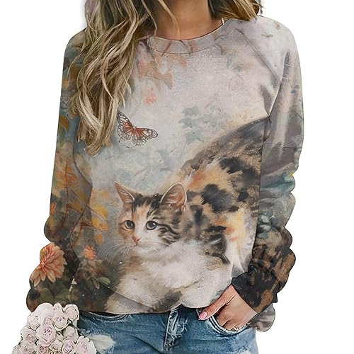 DMOYALA Cat Sweatshirts for Women Cute Cat Sweater Graphic Crewneck Sweatshirts Oversized Novelty Funny Sweatshirts Sweater - Cat Catch Butterfly Graphic - 3X-Large