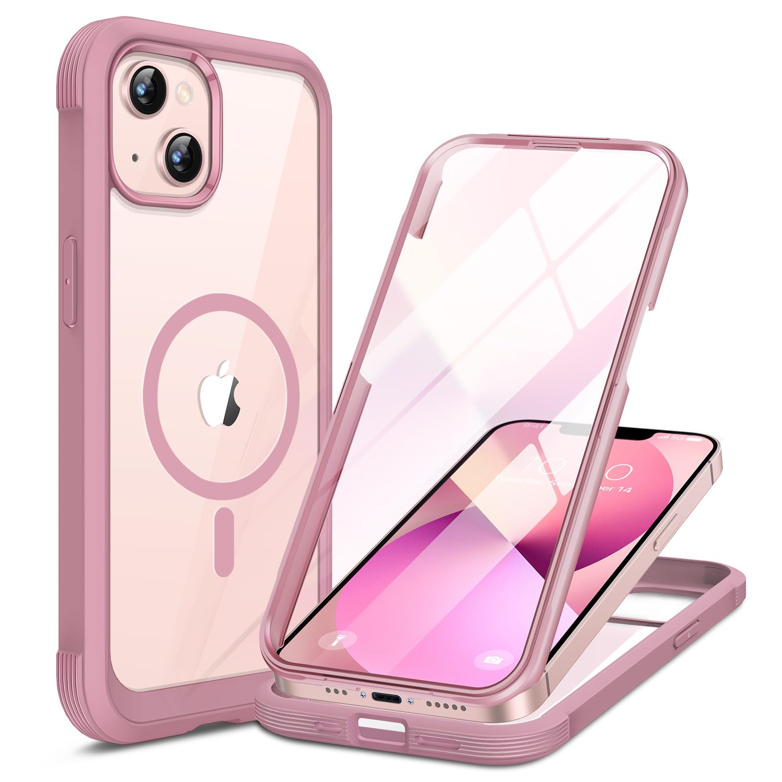 Miracase for iPhone 13 Case 6.1",Built-in Glass Screen Protector,Pink