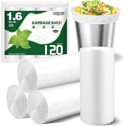 120 Counts 1.6 Gallon Small Trash Bags, Mini Garbage Bags, Fit 1.2-2 Gal, 4.5-8 Liter, Bathroom White Trash Can Bin Liners for Home Office Bathroom Bedroom