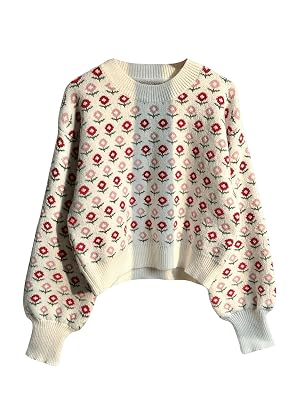 Floerns Womens Floral Knit Sweater Long Sleeve Crewneck Fall Outfit Pullover Tops