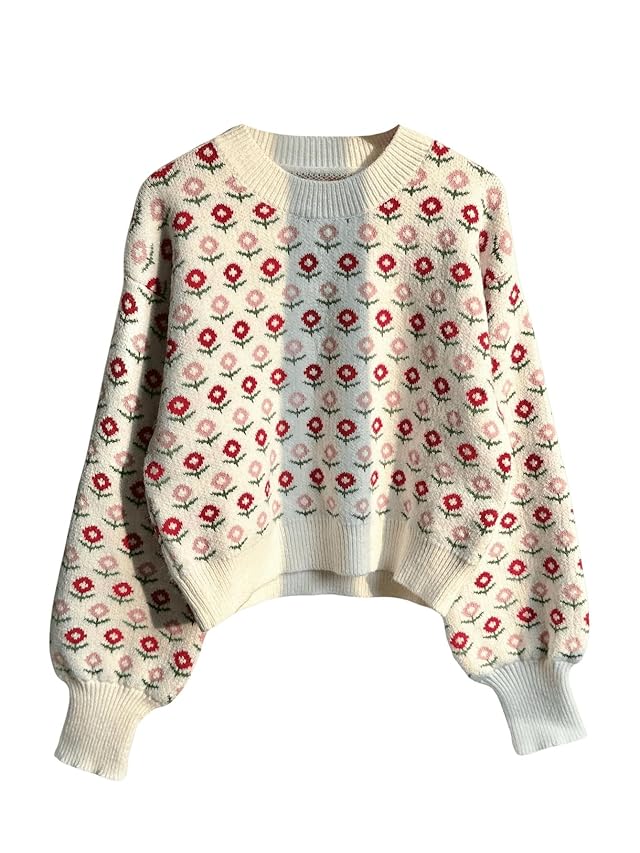 Floerns Womens Floral Knit Sweater Long Sleeve Crewneck Fall Outfit Pullover Tops