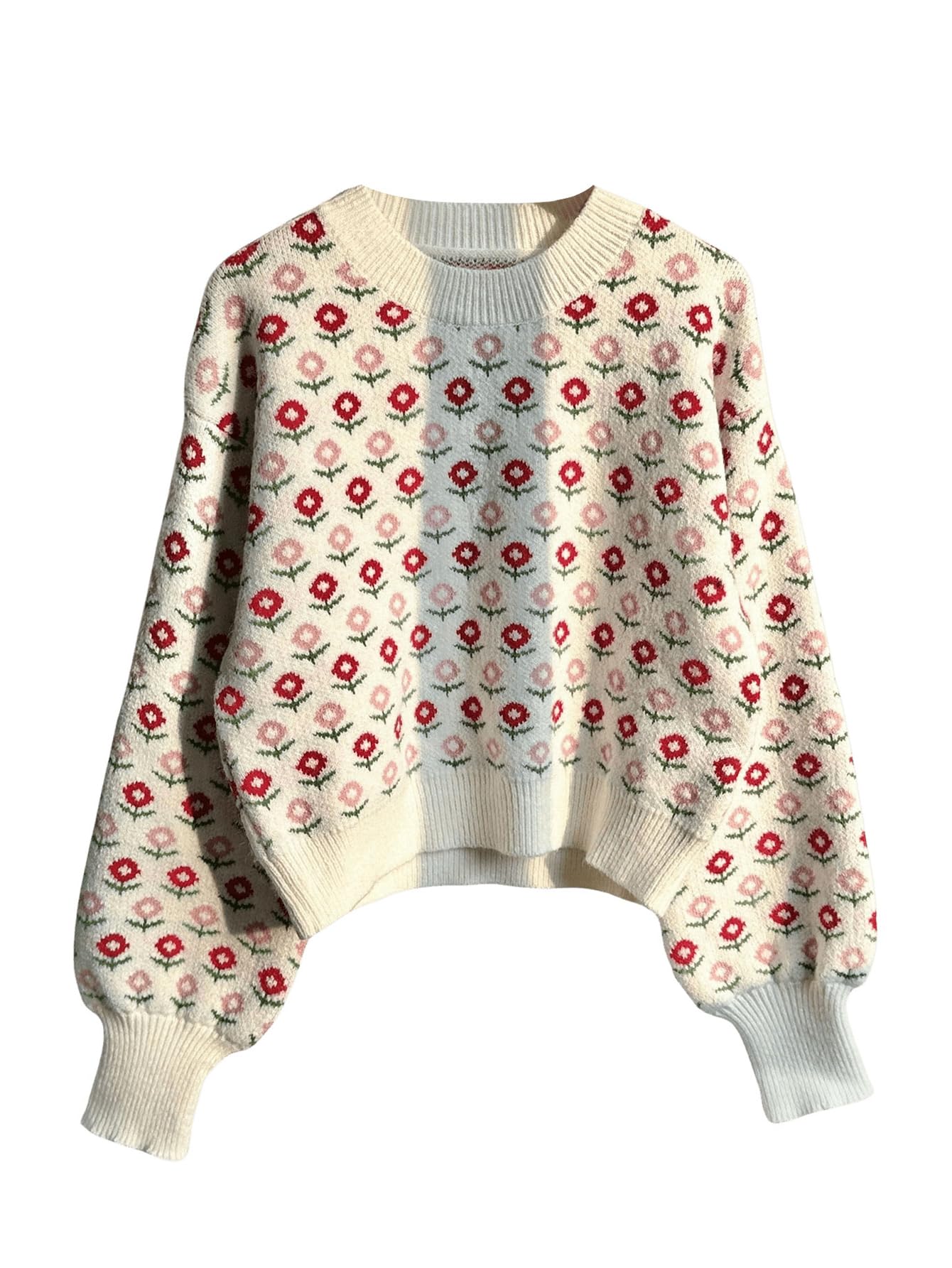Floerns Womens Floral Knit Sweater Long Sleeve Crewneck Fall Outfit Pullover Tops