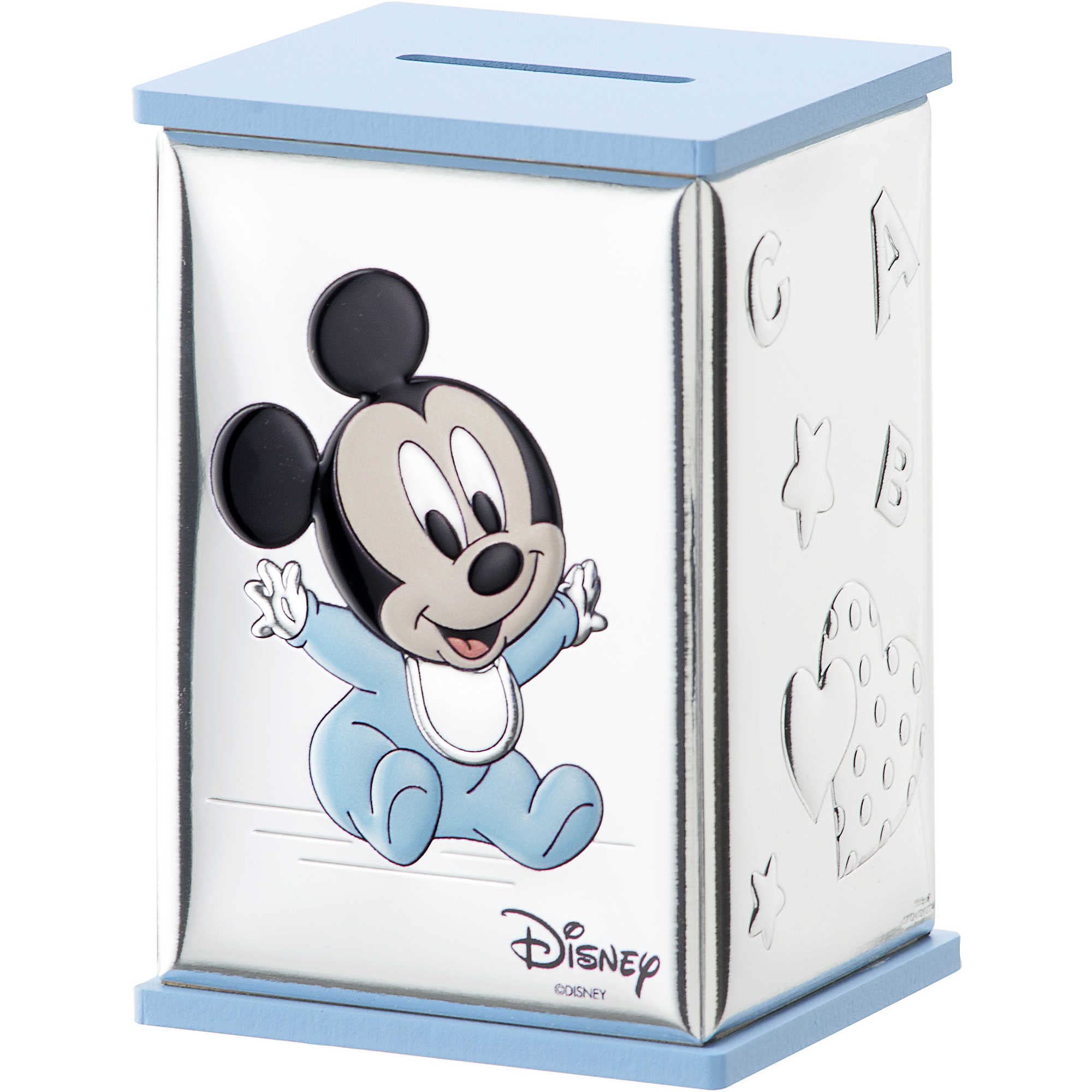 Salvadanaio da bambino di Valenti. Salvadanaio in legno e miro silver. Soggetto: Baby Mickey. Dimensione: 8X8X11,5 cm. La referenza è D545 C