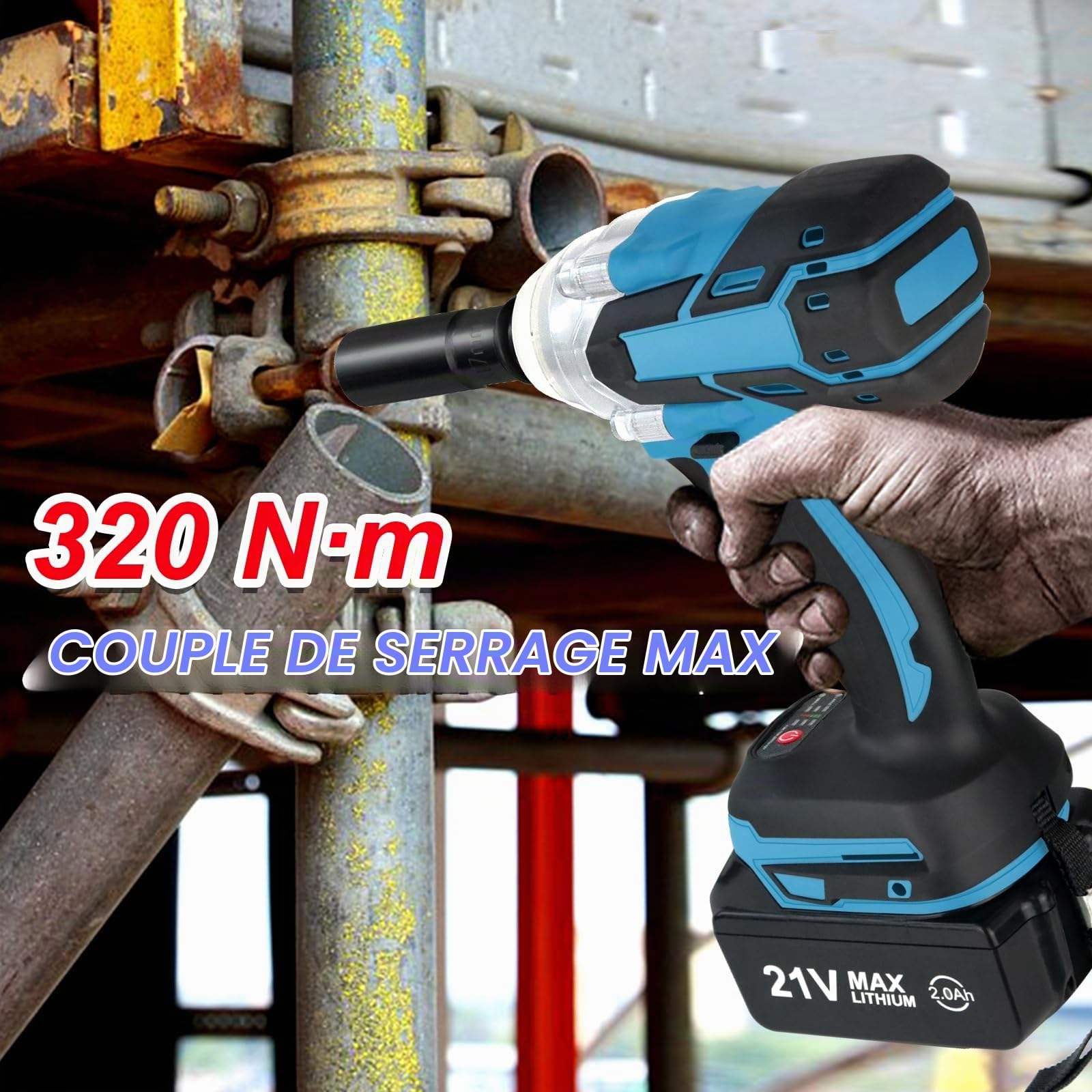 Clé à Chocs électriques,320 N·m Clé à Chocs Sans Fil Brushless avec 2.0Ah Batterie 21V 4 Douilles à Chocs (17 mm/19 mm/21 mm/22 mm)，Pour le changement de pneus, le serrage et le démontage de boulons