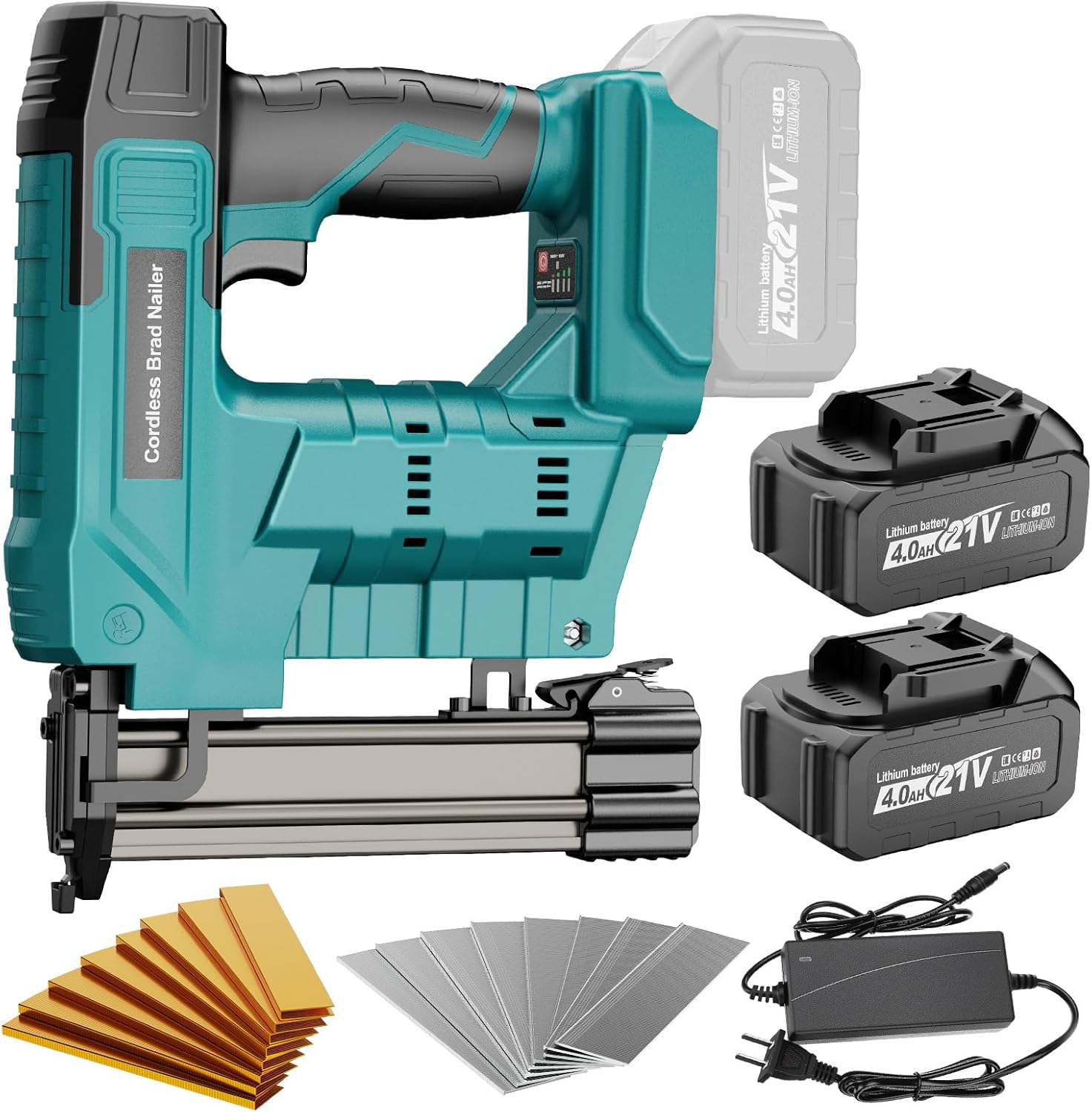Cordless Brad Nailer, Nail Gun with 2Pcs 4.0Ah Battery, 18 Gauge 2 in 1 Electric Staple Guns Battery Powered for Upholstery & Carpentry, Include 1600Pcs Nails & Staples, Charger (Brad Nailer)