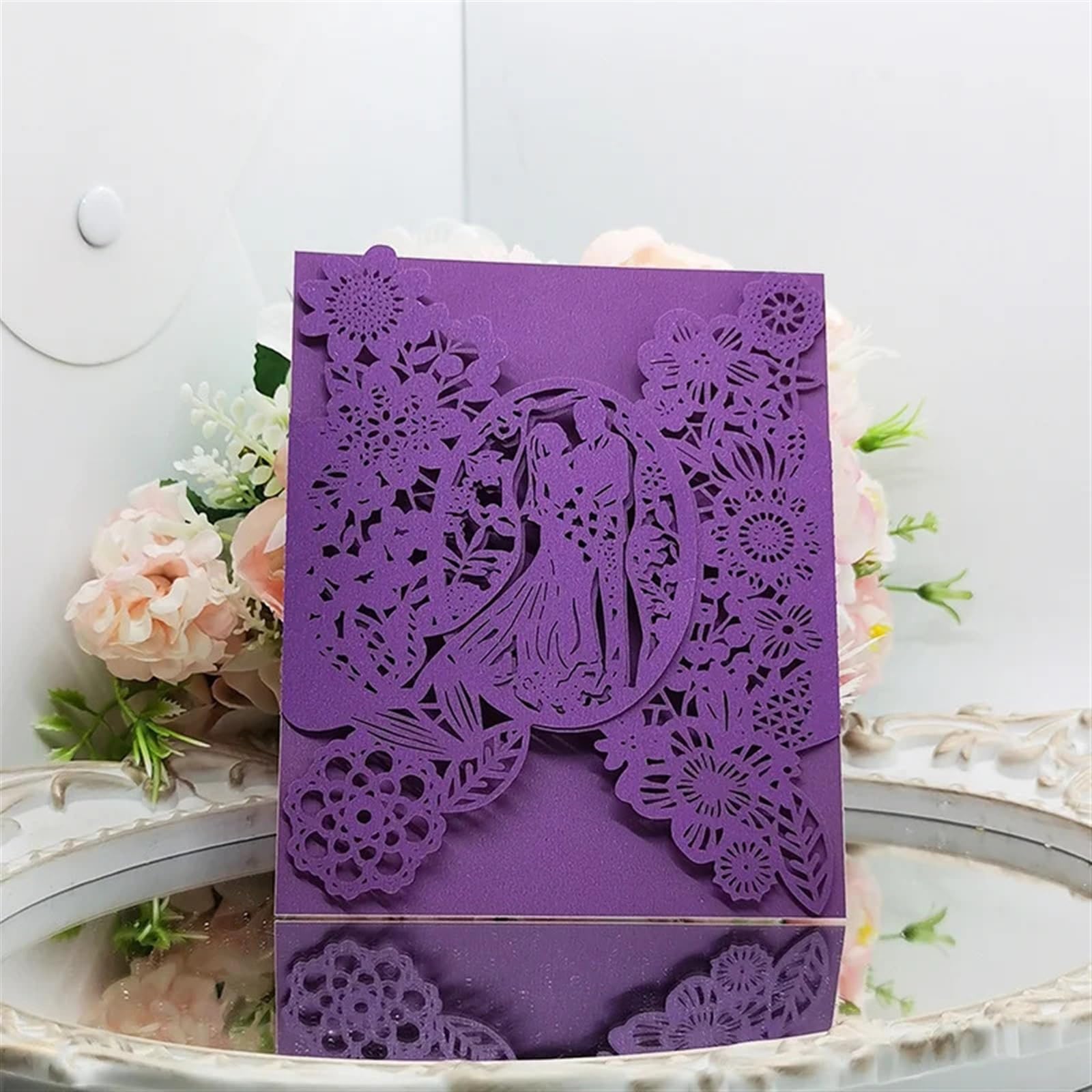 Einladungskarten Hochzeit 50 Stück Hochzeitseinladungskarten for Braut und Bräutigam, Blumen, Tascheneinladung, Grußkarte, Hochzeit, Mariage, Partyzubehör, Dekorationen(Purple Cover,12x14.5cm)