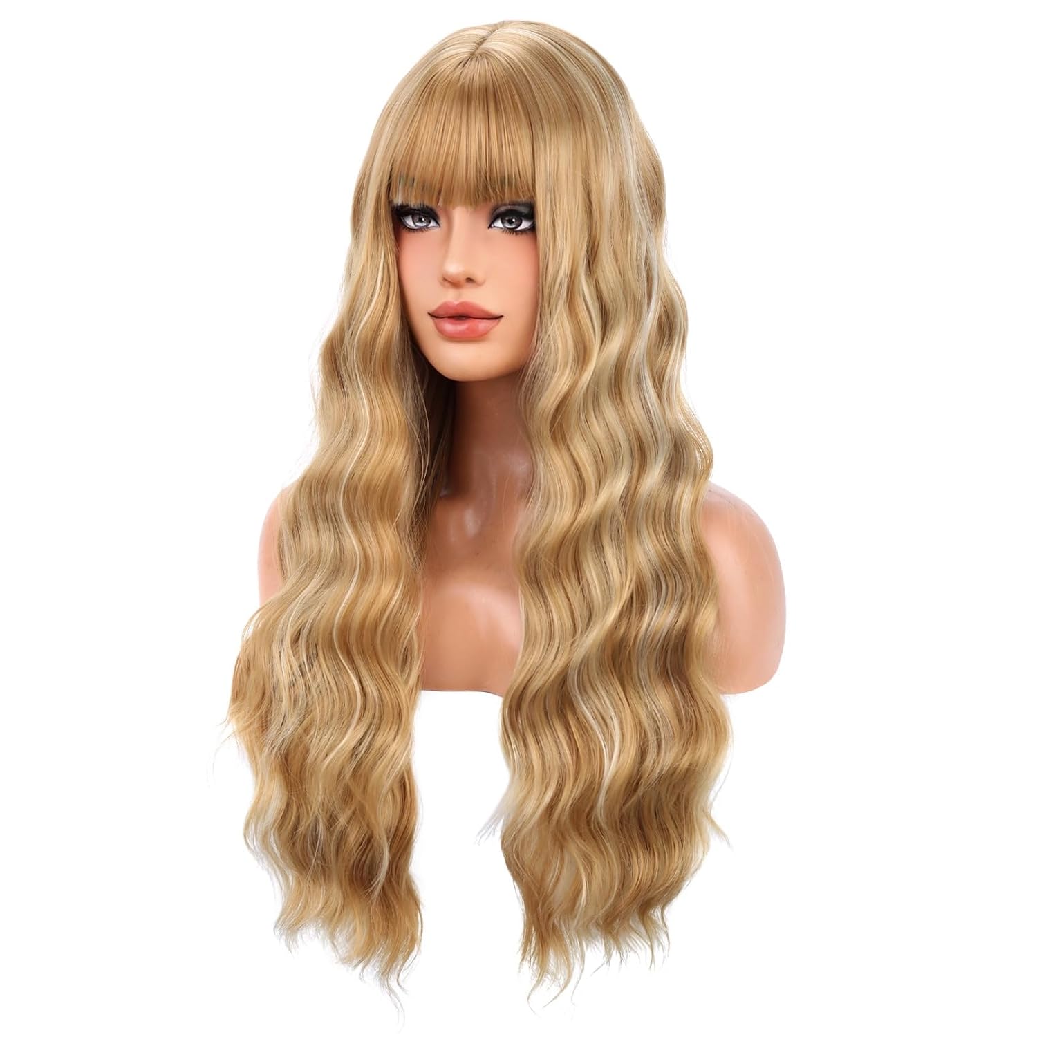 BERON Blonde Mixed Wigs Long Curly Wave Wig with Bangs for Women Girls Blond Wavy Heat Resistant Synthetic Wig for Cosplay Costume Party or Daily