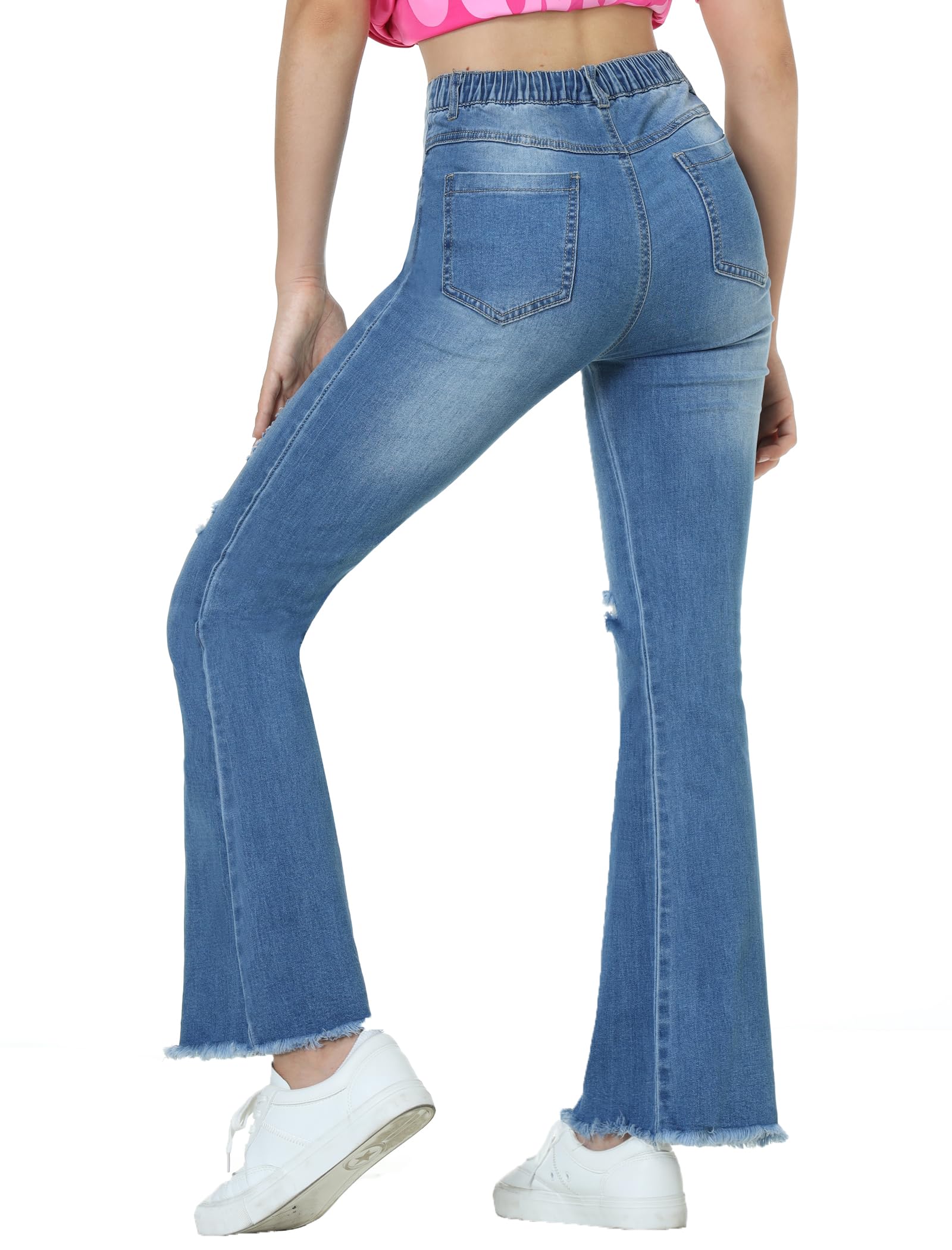 EXARUS Mädchen-Jeans, weites Bein/ausgestellt/Skinny Denim-Hose, zerrissen, hohe Taille, elastisches Band, leger, mit Taschen, Kinder 6–14 Jahre