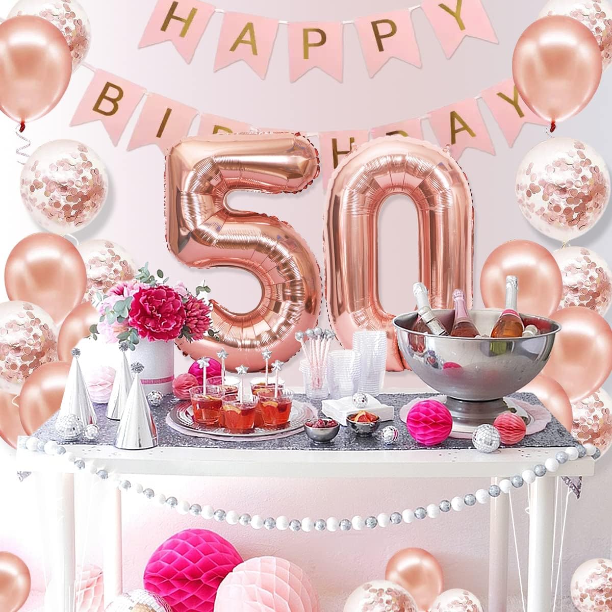 50th Birthday Decorations Women, Happy 50th Birthday Banner, Crown, Sash, Cake Topper and Number Balloon, Rose Gold 50 Birthday Party Decorations for Women - Image 4