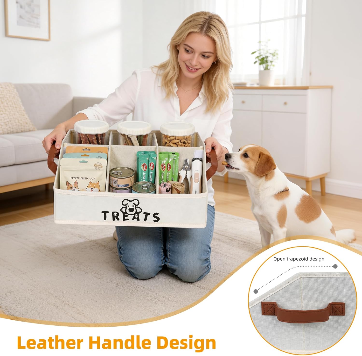 Dog Treat Container with 50oz Treat Jars, Dogs Stuff Storage Organizer,Pet Food Treat Holder for Countertop,Beige