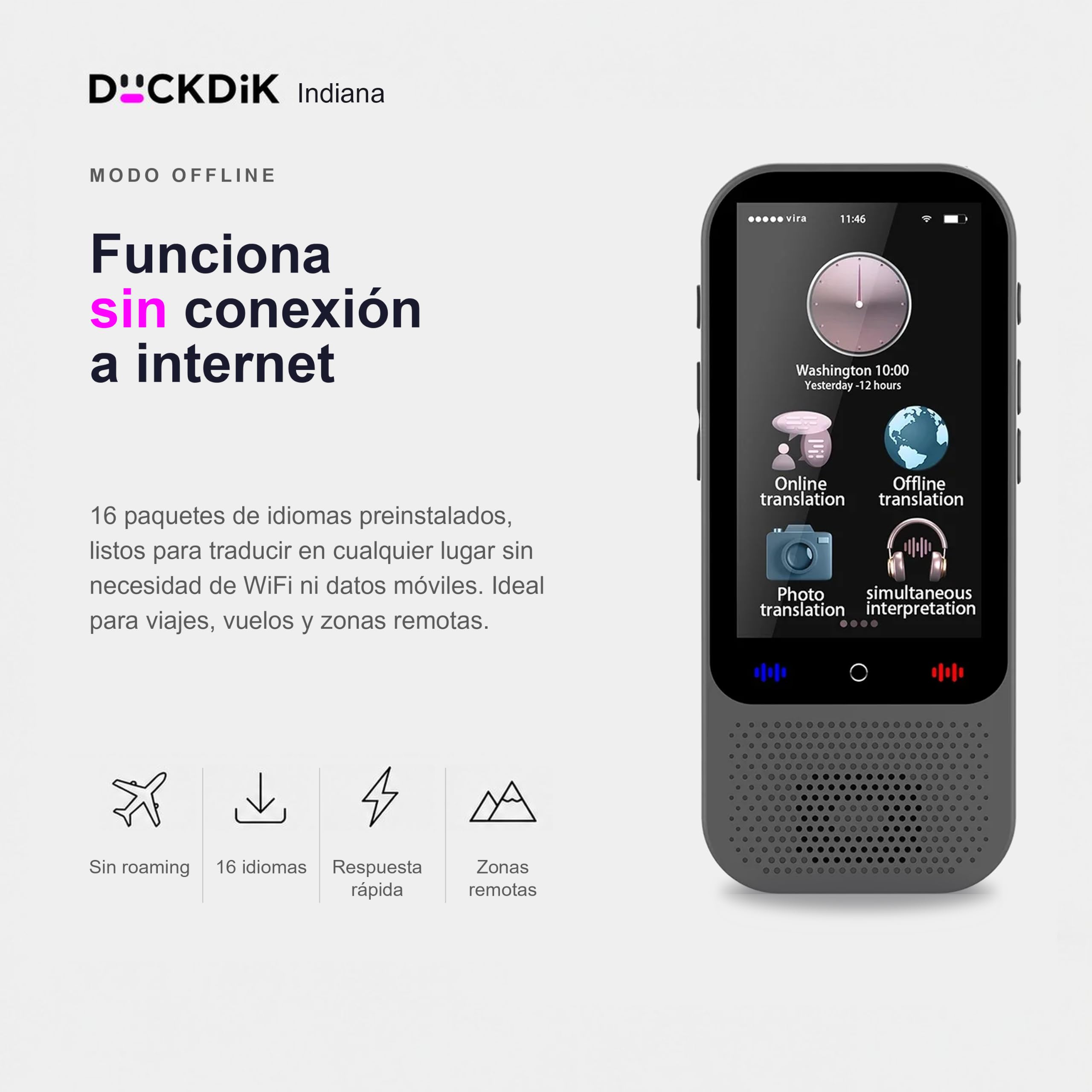 Indiana, Traductor de Idiomas Instantáneo de Voz 2025 + App Traducción Offline Incluida de por Vida (Valor 120€/año) — 142 Idiomas Online, 18 Offline + 59 en App, Pantalla Táctil HD, IA