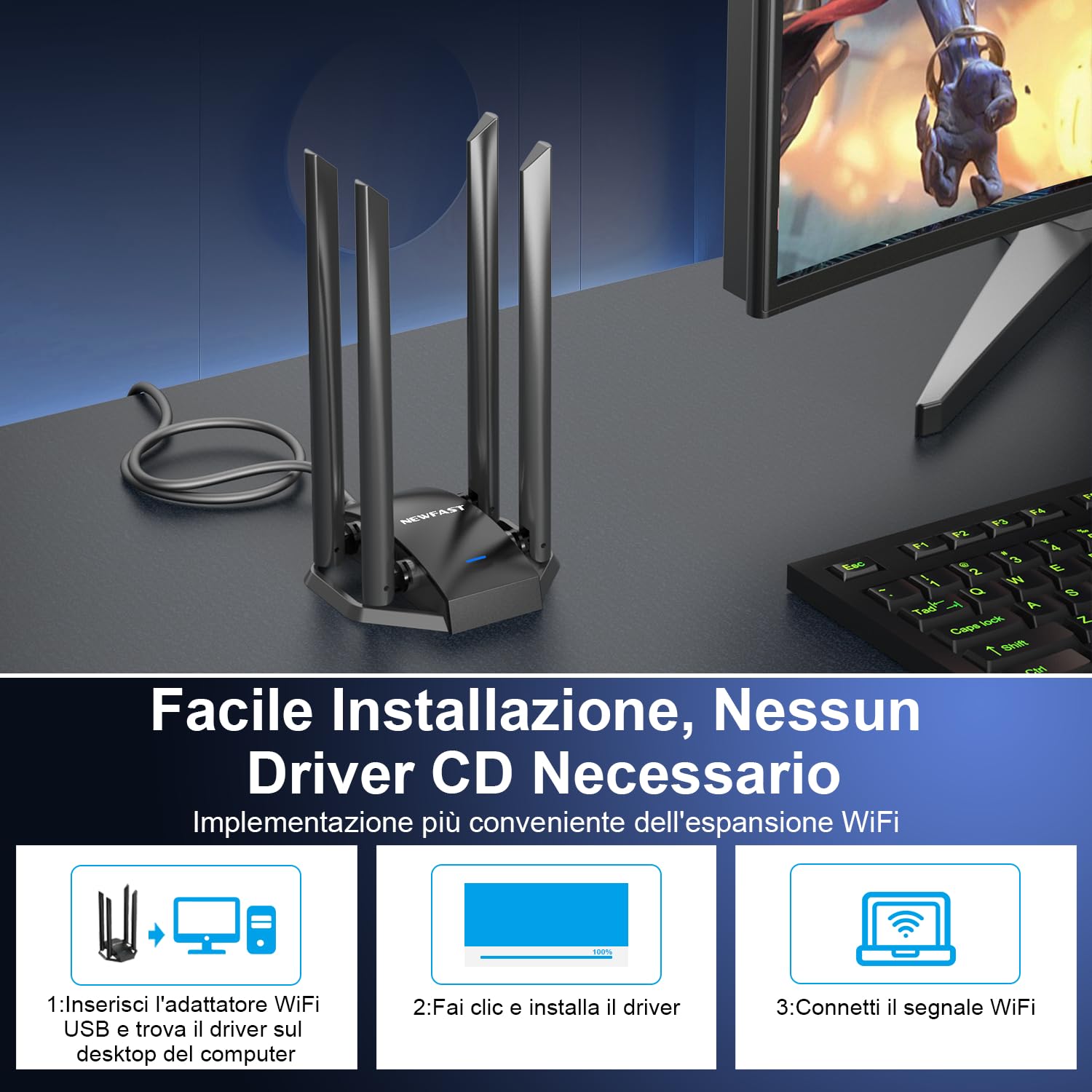Chiavetta WiFi NEWFAST AC1300 USB 3.0 Dual Band 5GHz/2.4GHz 1300Mbps 4x6dBi Antenna