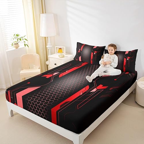 Miniatura 3 de Manfei Sábana bajera ajustable de panal rojo, tamaño matrimonial, juego de ropa de cama hexagonal geométrica de 3 piezas para decoración de
