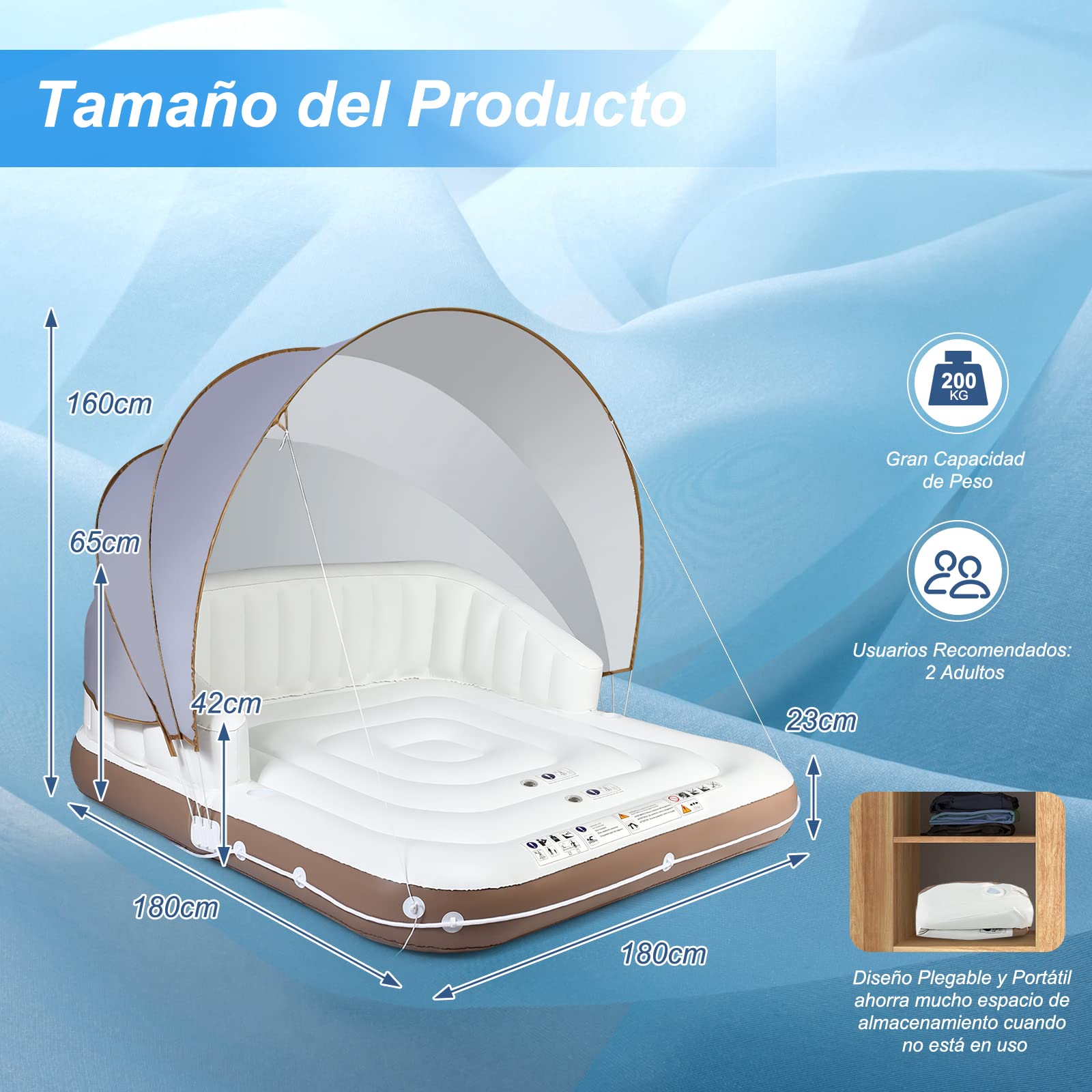 COSTWAY Isla Hinchable con Toldo para 2 Adultos, Toldo Retráctil y Removible, 2 Portavasos, Flotador de Piscina Interior y Exterior con Protección UPF50+, Soporta hasta 200 kg