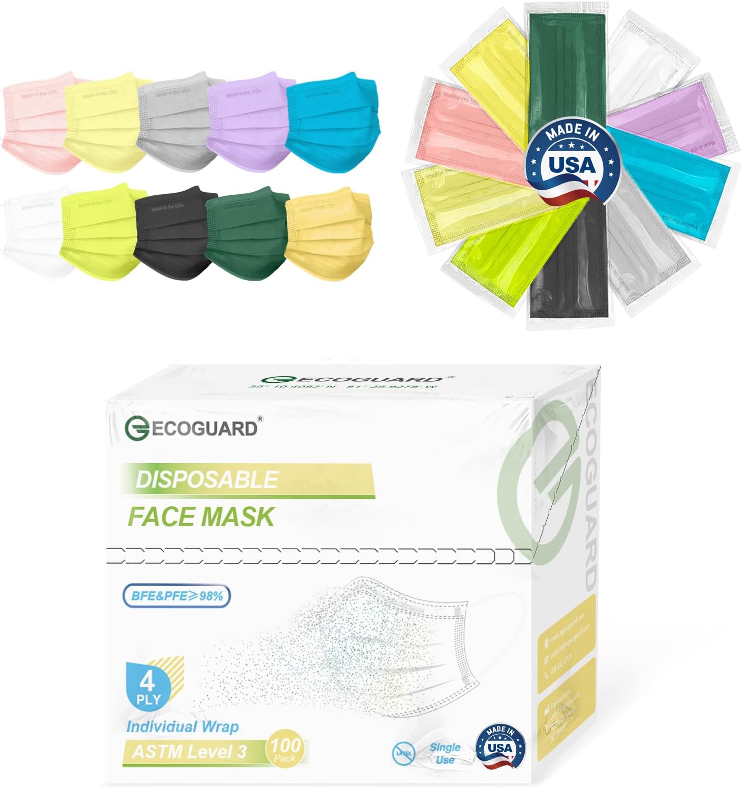 Disposable Face Masks Made in USA, 4 Ply for Families, Students, Breathable All-Day Wear & Safety, FSA HSA Eligible, ASTM Level 3 Medical Grade, 100 Pack Individual Wrap, Serene Spectrum