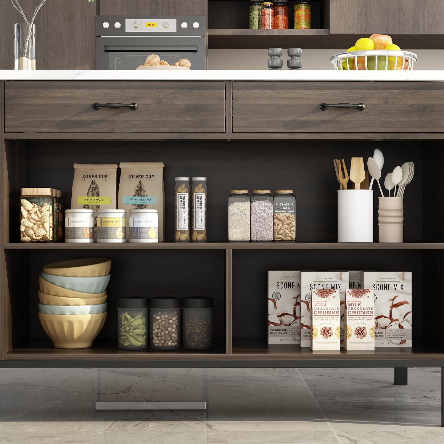 Isola da cucina marmorizzata - mobile 2 cassetti, tavolo da colazione, bar e ripiani MDF 75x140x92 cm