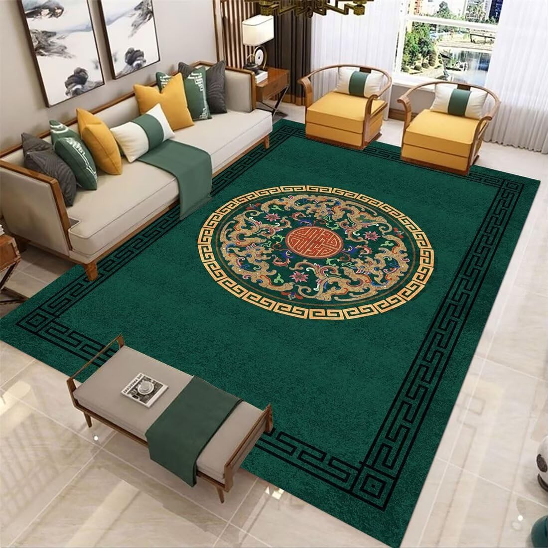 Tapis de salon vert avec décoration florale ronde textile premium
