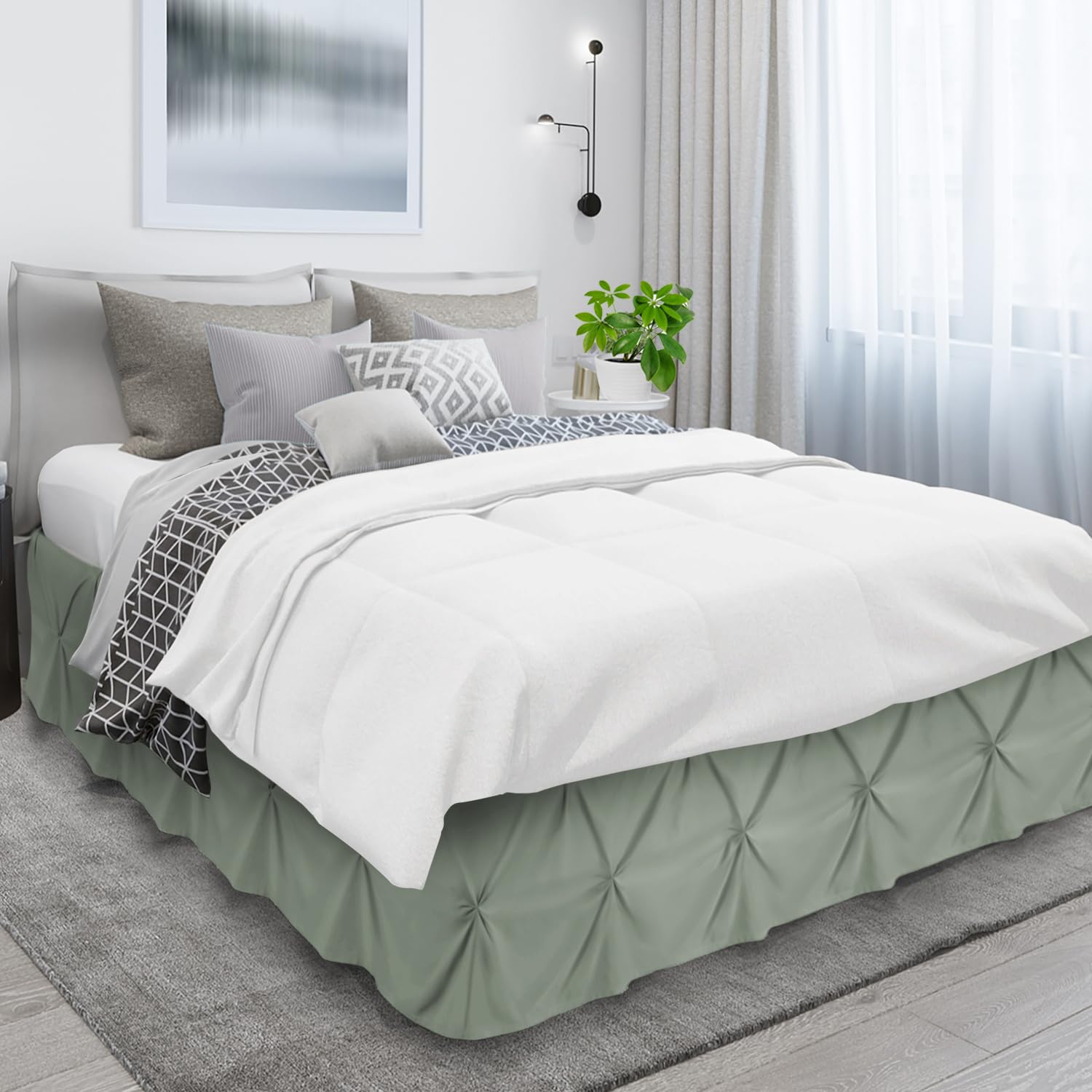 Sage Green Bed Skirt Queen Size, Pinch Pleat Queen Bed