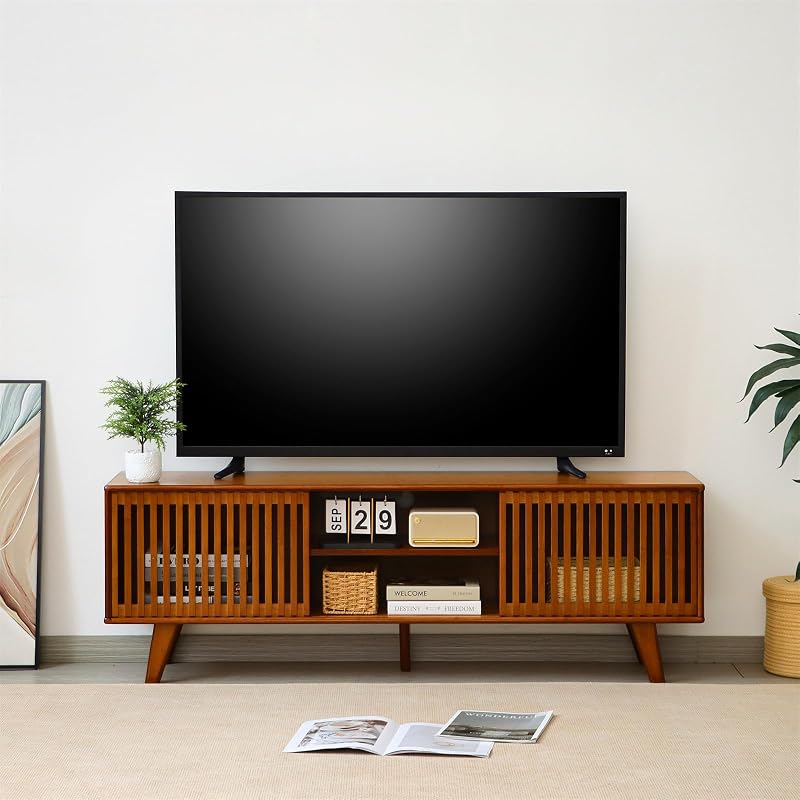 Bamboo TV Stand for TVs up to 65", Accent Entertainment Center with Storage, Media Console Table with Sliding Fence Door, Modern TV Stand for Living Room, Bedroom, 55"(L), Walnut image 3