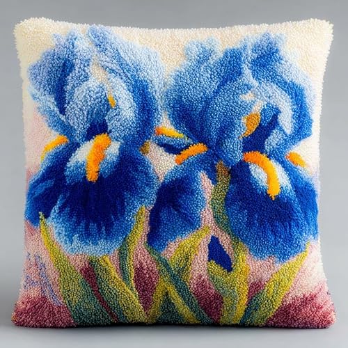 AxiangziK Latch Hook Cushion Kit for Beginners,Beautiful iris 43x43cm Pre-Printed Canvas DIY Craft Set,Complete Cushion Cover Kit for Living Room Sofa Decor