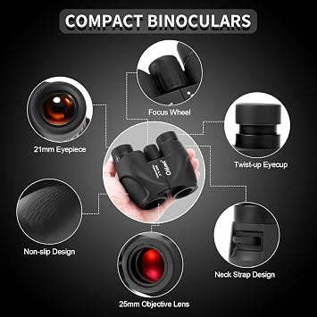8x25 Compact Binoculars, 8X Small Mini Pocket Portable Size 8.2 Wide Angle View Lightweight 21mm Large Eyepiece ED Lens for Adults Youth Travel Hiking Cruise Safari Birding Sports Wildlife Viewing