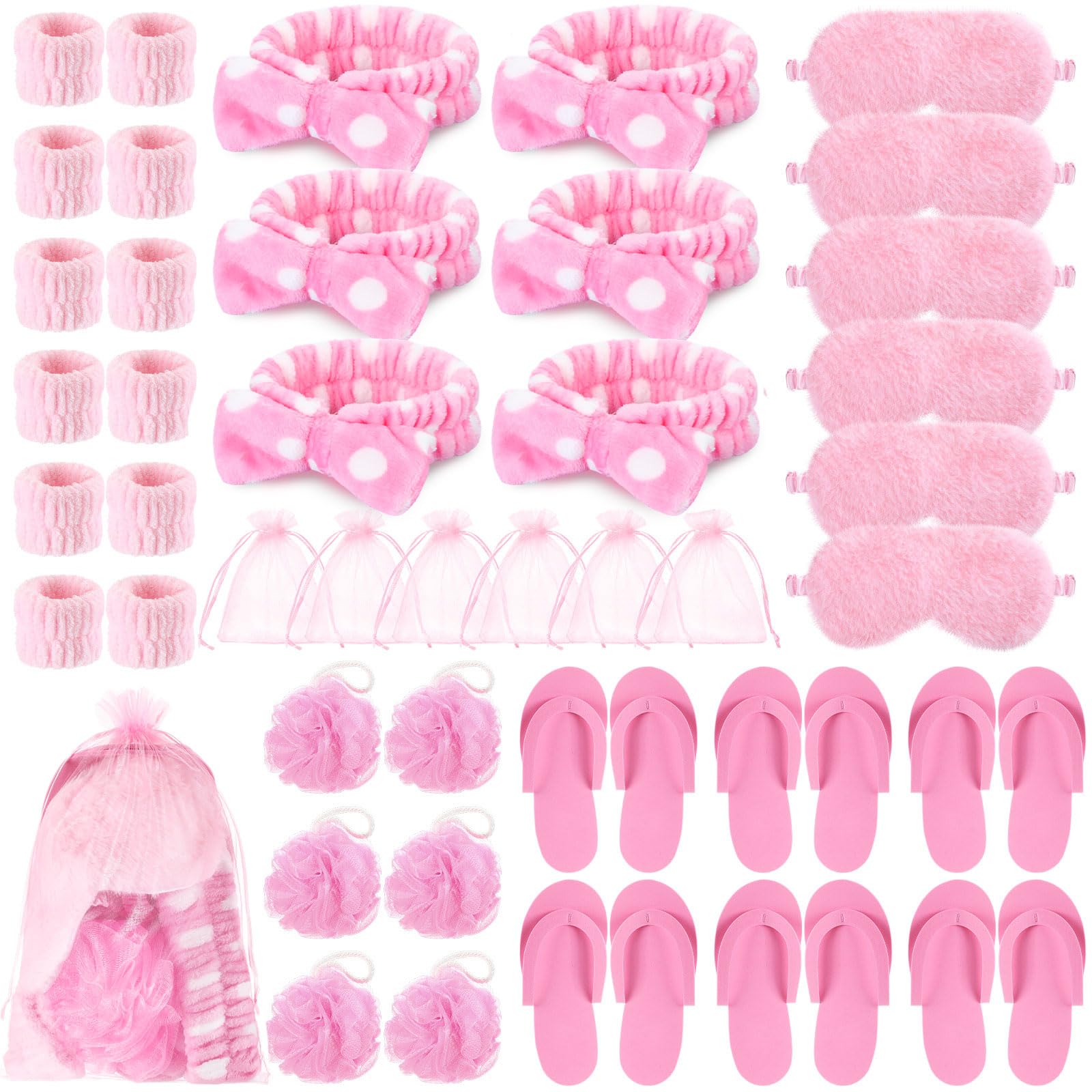 Moucuny 42 Pcs Spa Sleepover Party Supplies Bulk for Women Include 6 Pink Hairbands 6 Eye Masks 12 Wristbands 6 Bath Loofahs 6 Pairs Disposable