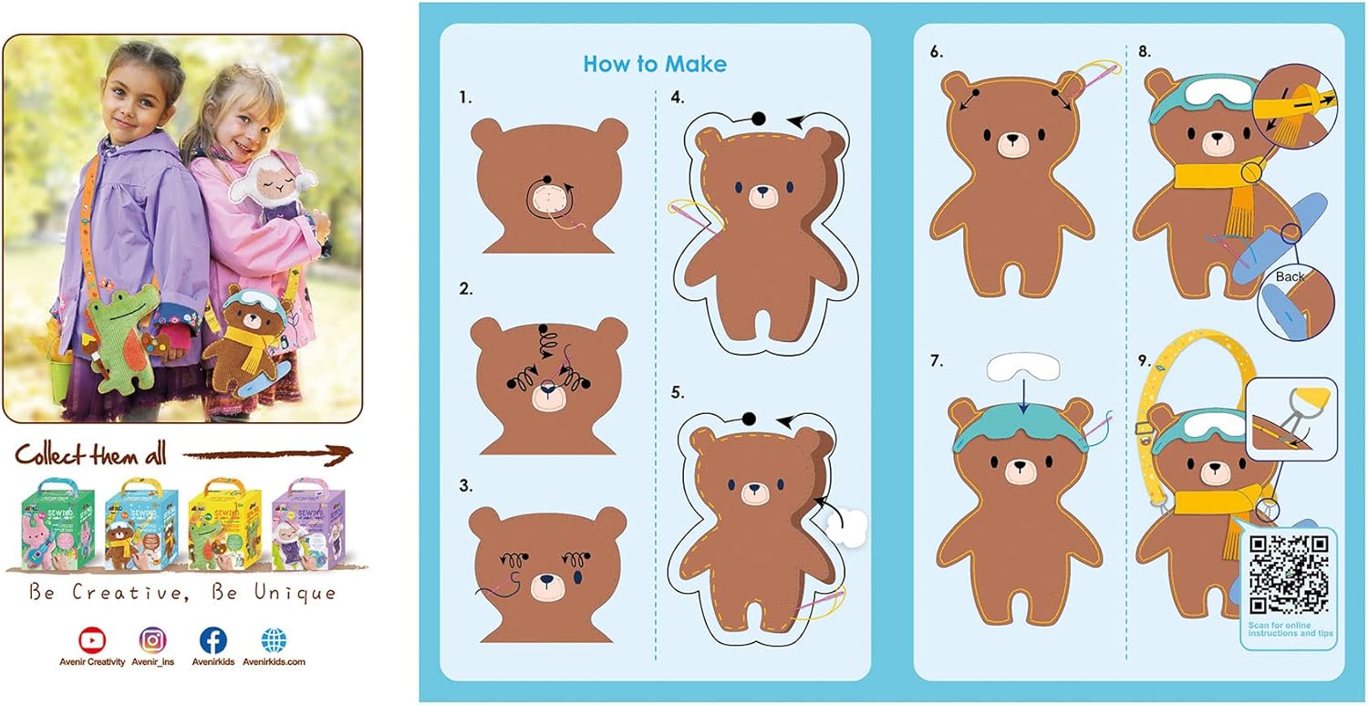 Avenir 6301816 DIY Sewing Kit, Sewing Bear with Snowboard, Neck Animal, Craft Kit for Children, Creative Kit, from 6 Years