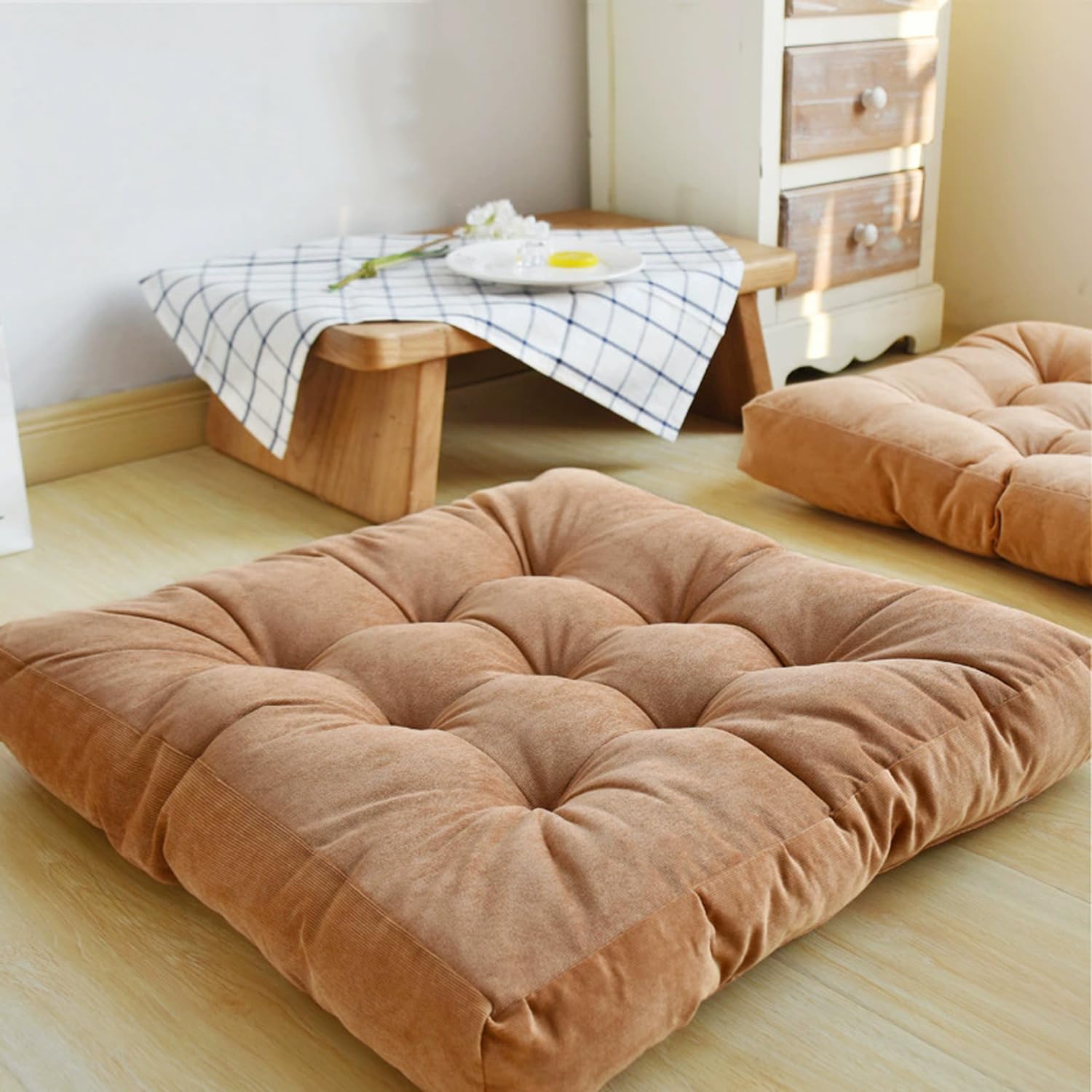 Khaki, quadratisches Kissen für Yoga, Meditation, Gaming & Lesen, weiches Cord-Bodenkissen für Erwachsene, Sitzkomfort für drinnen und draußen, 1 Stück