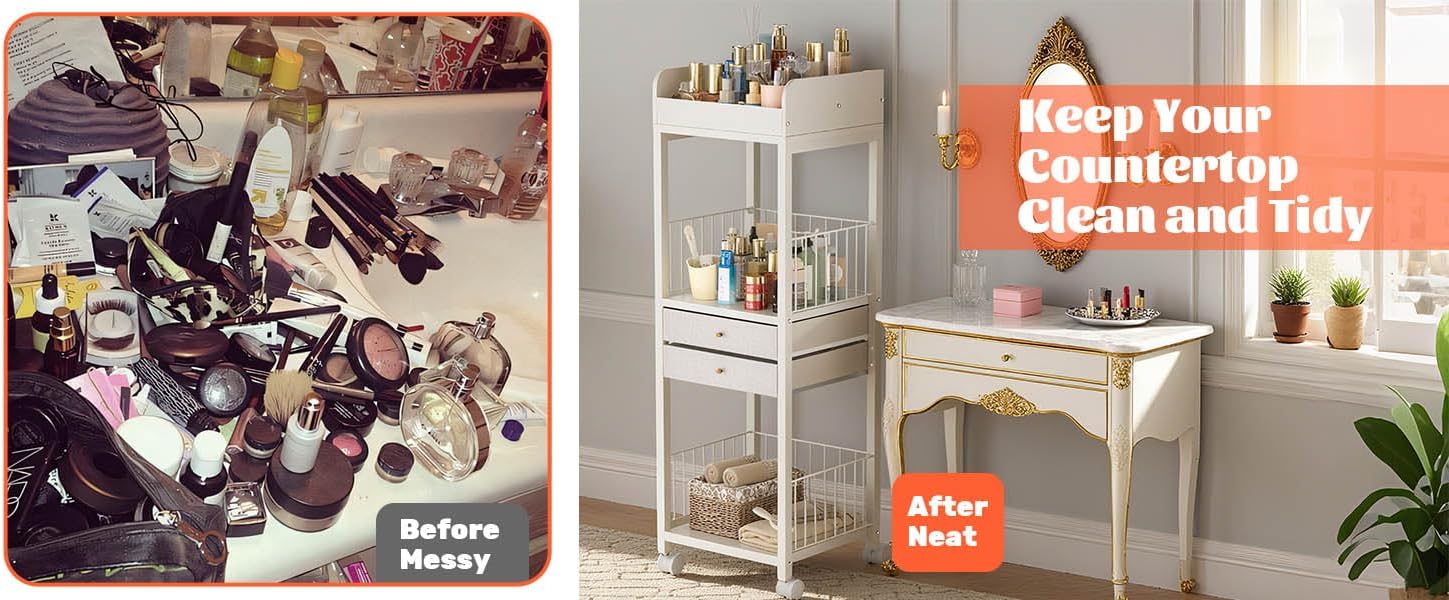 FAHKNS Makeup Organizer Cart, Rolling Floor Organizer Cart with 2 Drawers, Versatile Vanity Organizer for Nail Polish Perfume Brush Hair Tool, White