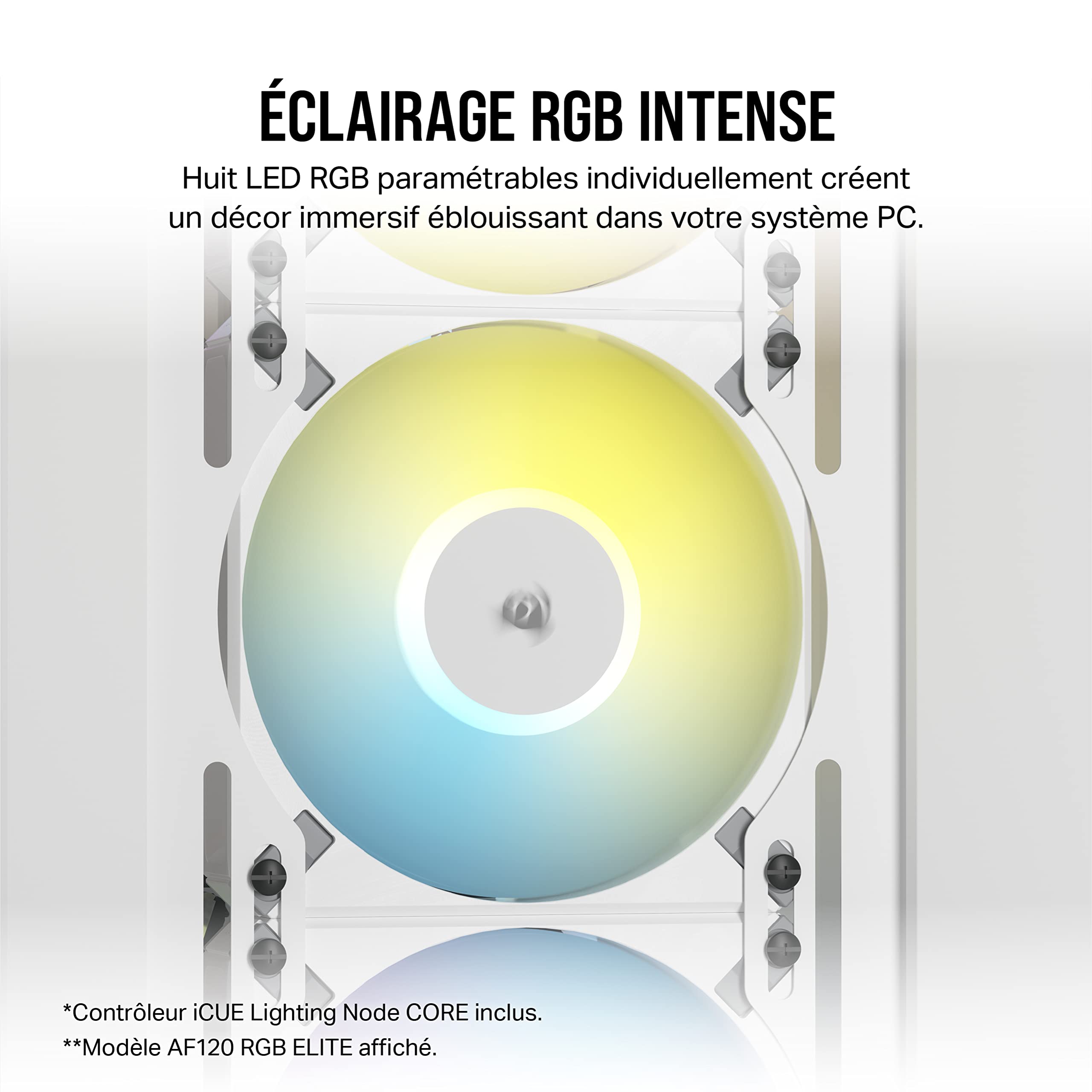 Corsair iCUE AF120 RGB ELITE 120mm PWM Kit de Trois Ventilateurs - Huit LED RGB Par Ventilateur - Technologie AirGuide - Palier Fluid Dynamic - Contrôleur iCUE Lighting Node CORE Inclus - Noir