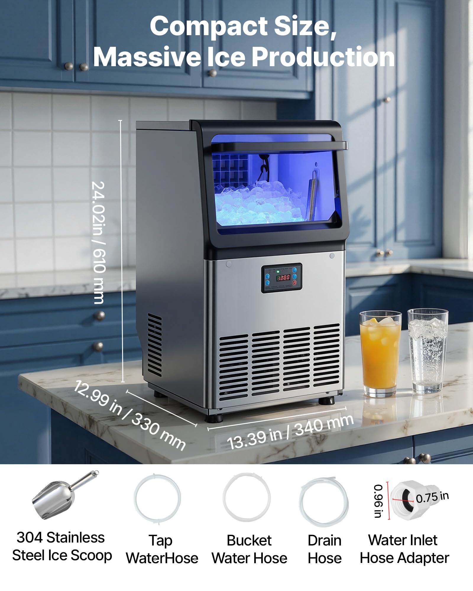 VEVOR Macchina per Ghiaccio Commerciale, Macchina per Cubetti di Ghiaccio Fabbricatore Ghiacci in Acciaio Inox 41 kg/24h, Capienza di Stoccaggio 6 kg, Bar, Caffetteria, Ristorante, Bevande Ghiacciate