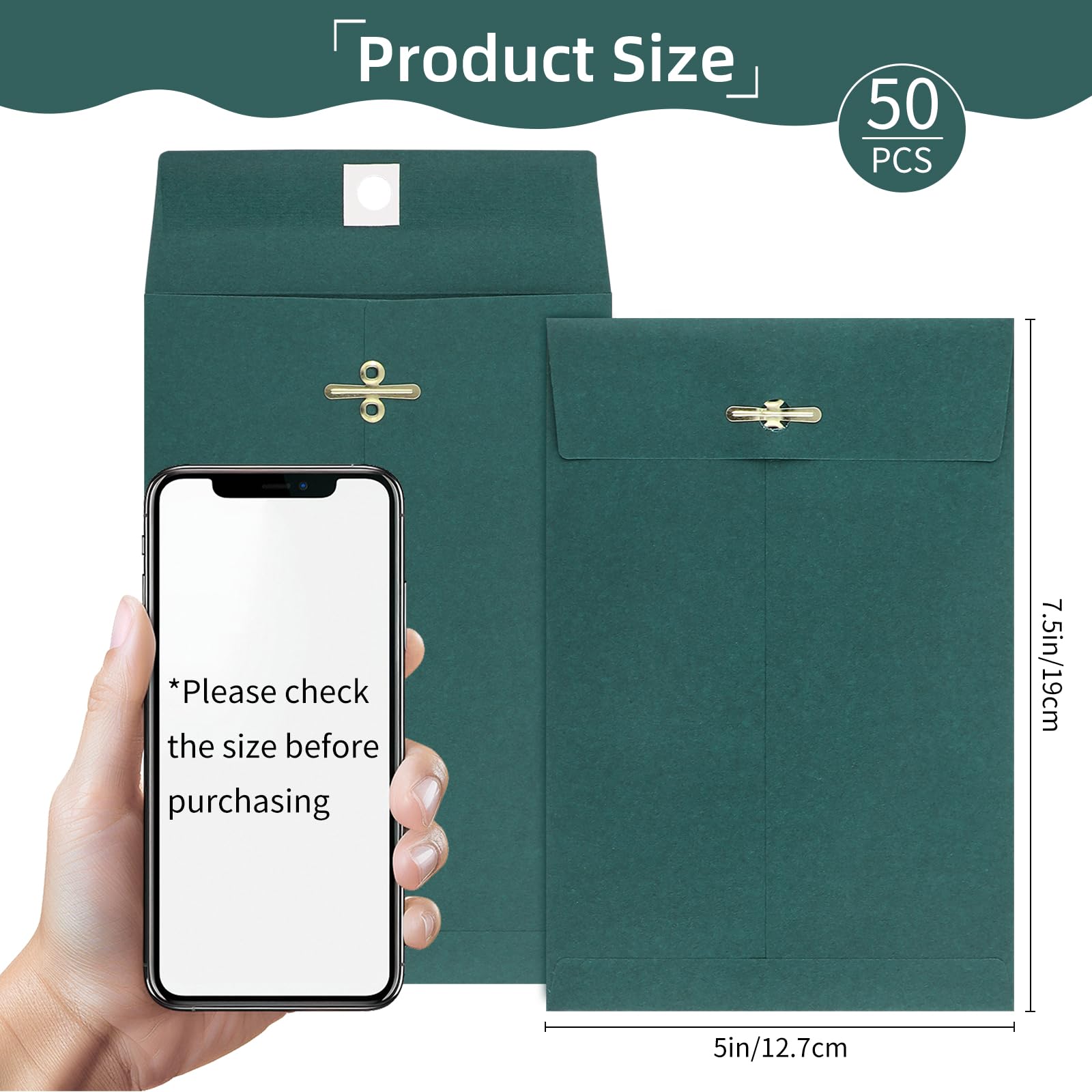 50 sobres pequeños de 5 x 7.5 pulgadas con cierre de manila, sobres de papel kraft verde oscuro de 28 libras con cierre de metal y sello engomado para correo, oficina, escuela y uso doméstico