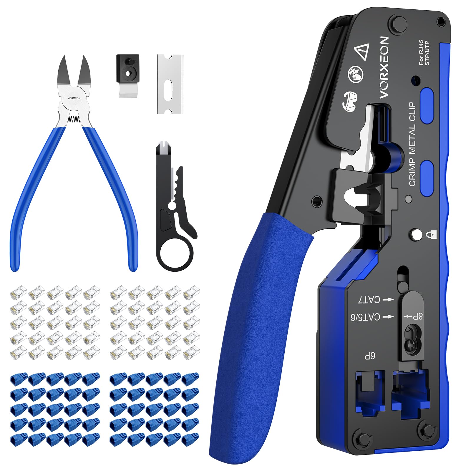 VORXEON RJ45 Crimp Tool Kit Ethernet Cat 7 Crimping Tool Pass Through RJ45 Crimper with Mini Wire Stripper, 50Pcs RJ45 Cat6 Pass-Through Crystals (Crimper RJ45 Cat7)