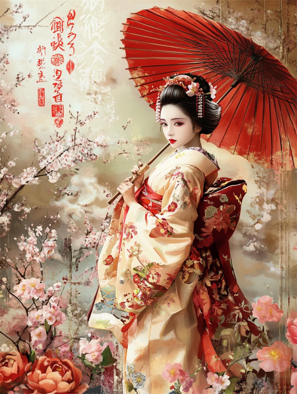 Rkflgew E 14Ct Japanes Woman Cross Stitching Kit Geisha And Flowers Pr Printed Cross Stitch Kits For Adults Beginners,Mbroidery Set Wall Art Hom Decor 40X50 Cm