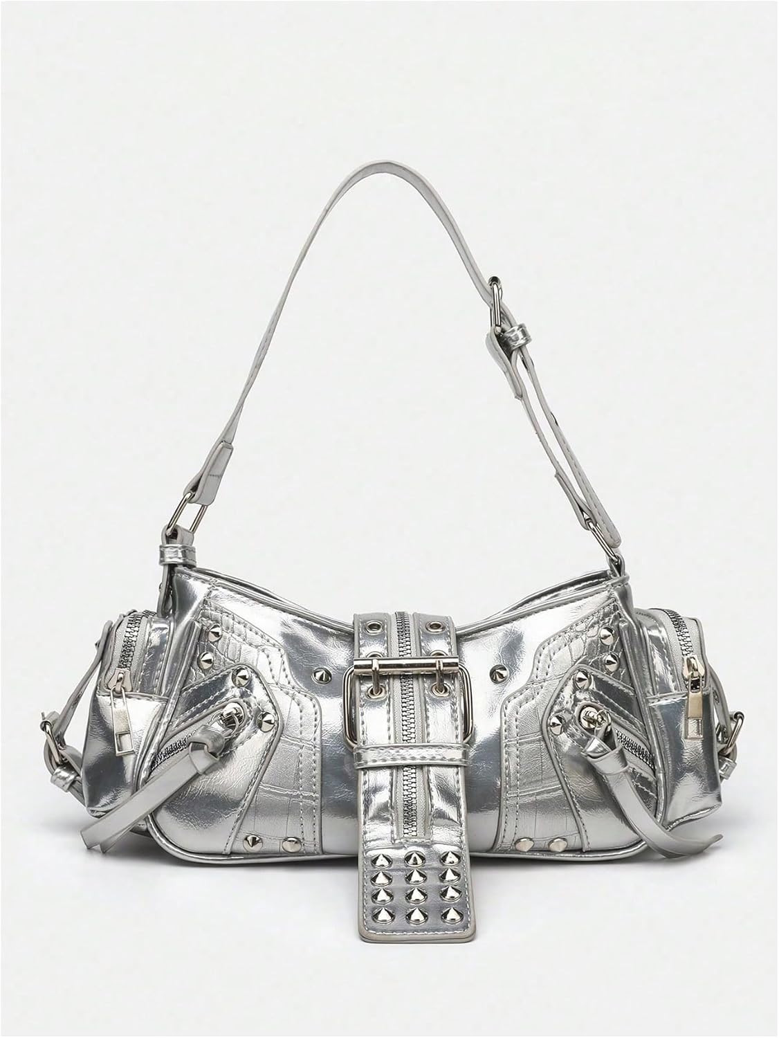 MakeMeChic Women's Rivet Shoulder Bag PU Leather Buckle Y2K Punk Vintage Tote Bag Handbags