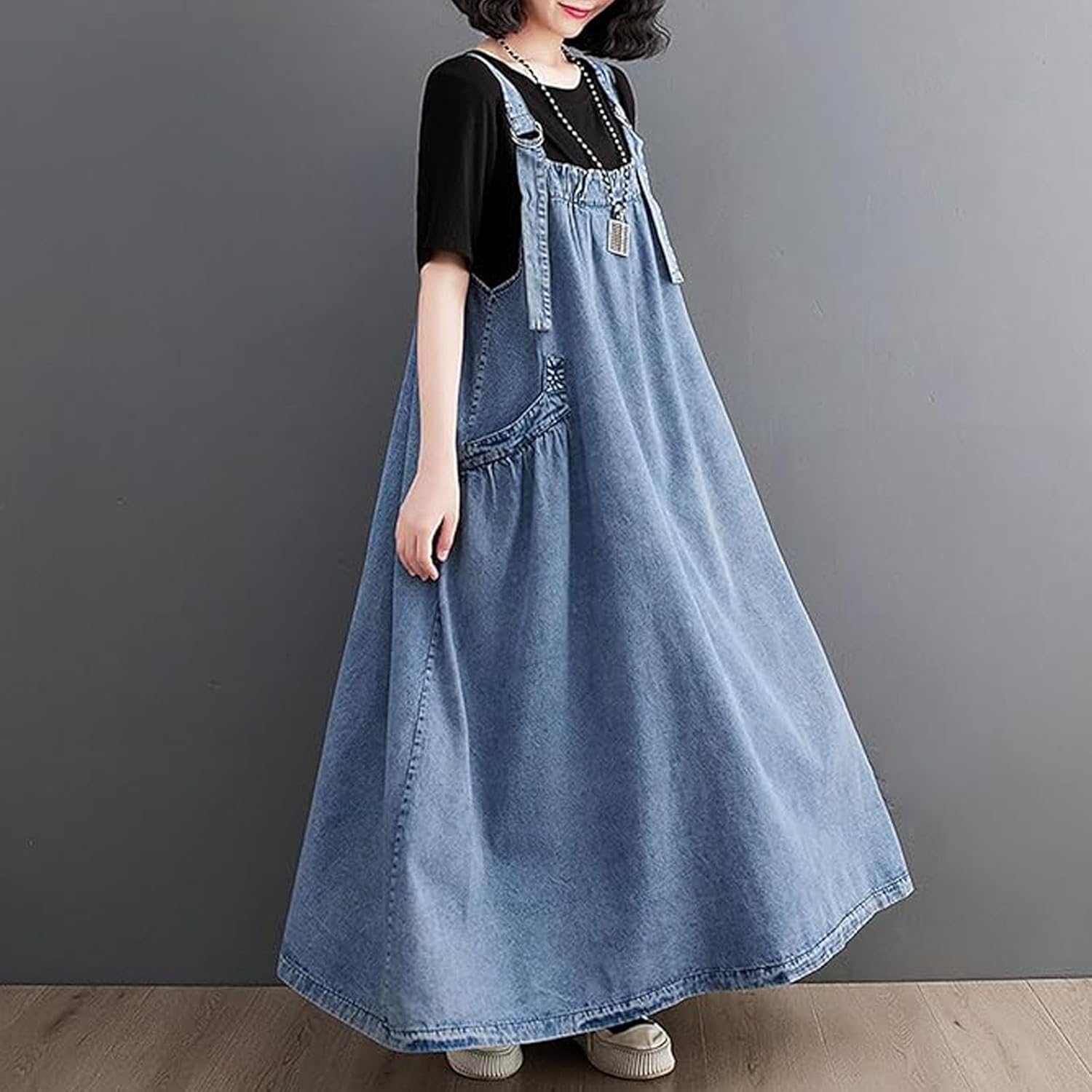 Women's Denim Jumper Dress Loose Baggy Maxi Adjustable Strap Wide Hem Oversize Long Jean Overalls - Image 6