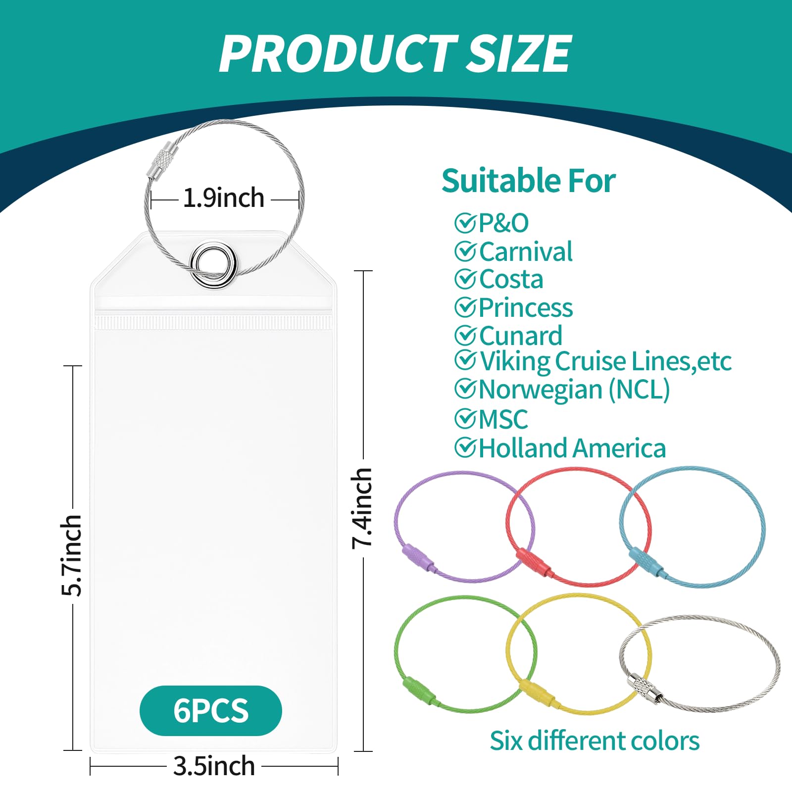 Lot de 6 étiquettes de bagage transparentes avec boucle en acier inoxydable, étiquettes de bagage transparentes en PVC imperméable pour navires de croisière et voyages en avion (anneau en métal coloré